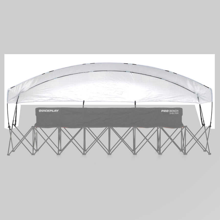 White PRO Bench Shelter 6 Seat cover on its curved poles over a grayed-out bench frame, on a gray background.