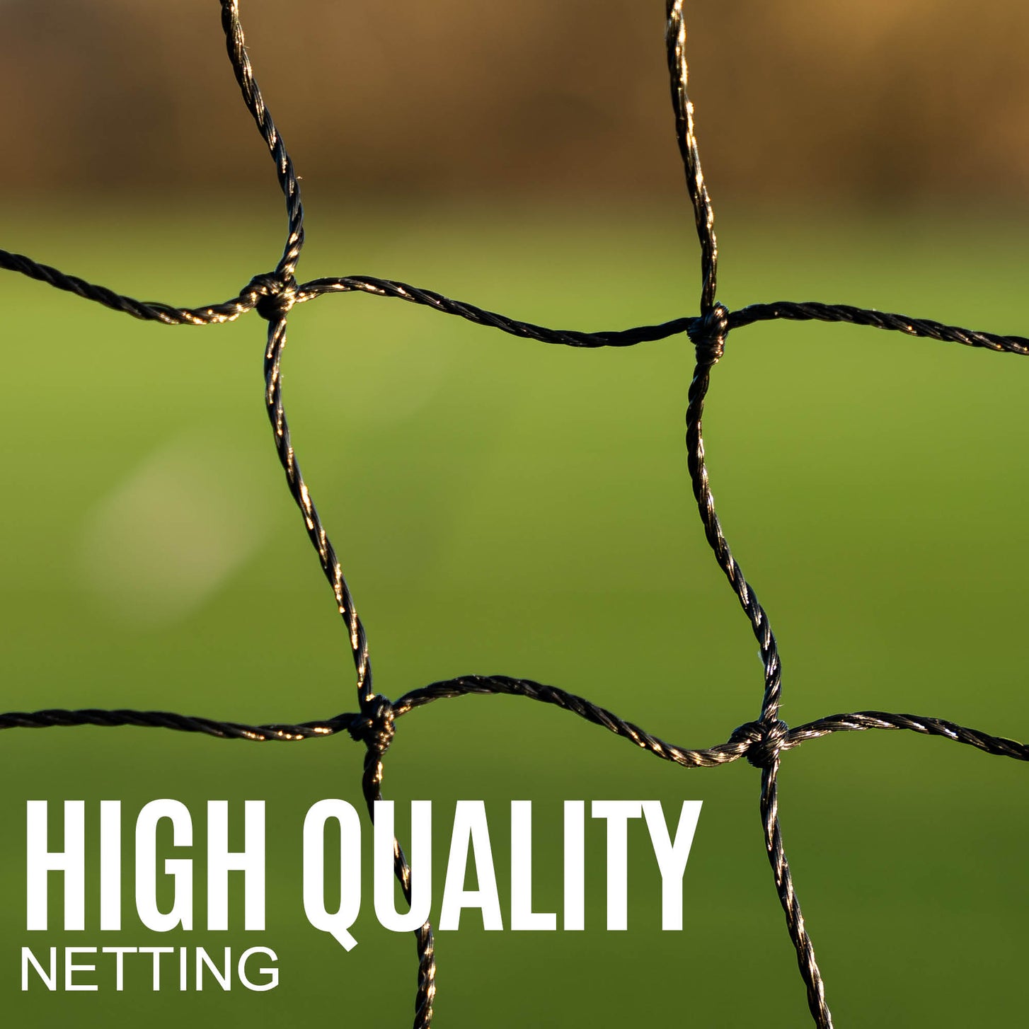 10ft Barrier Net System Freestanding: close up of black knotted net squares against a blurred grass field, with the text "High quality netting".