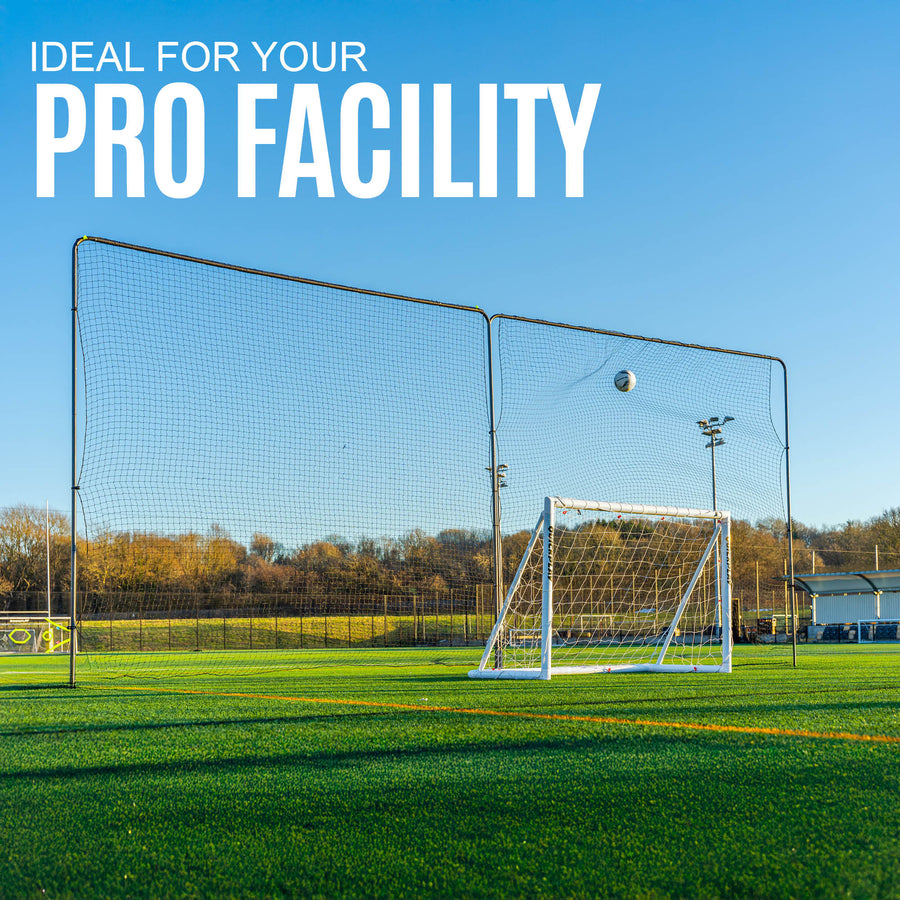 Soccer goal on a sports field and a barrier net behind it with clear blue sky and 'Ideal for your Pro Facility' text.