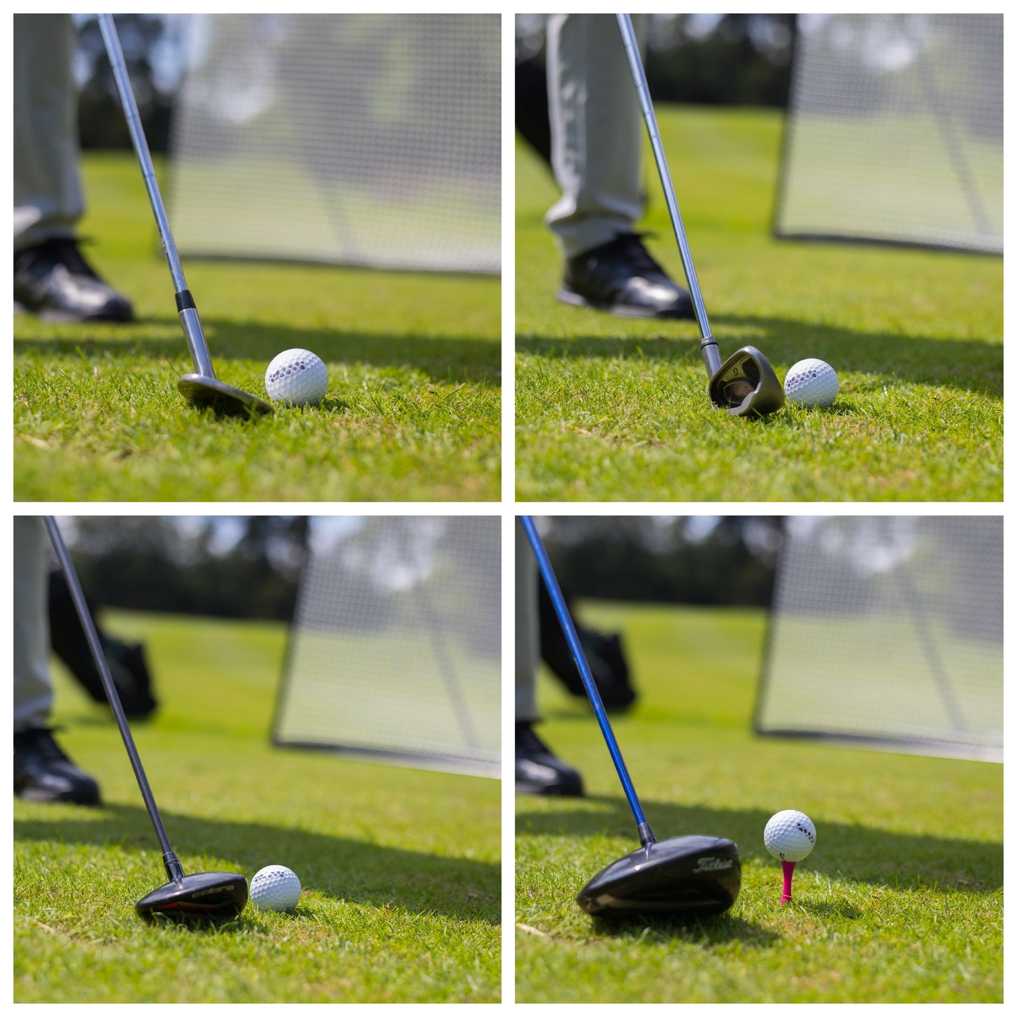 MEGA NET golf net 12x9': four close-ups of different golf clubs lined up behind a ball on grass, with the net blurred behind.