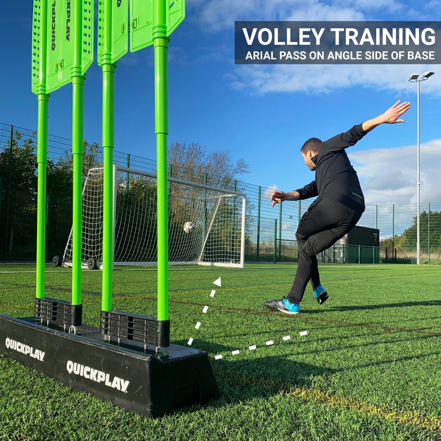 Player volleying a soccer ball beside a line of REPLAY Block bases with green poles, with the text "Volley training".