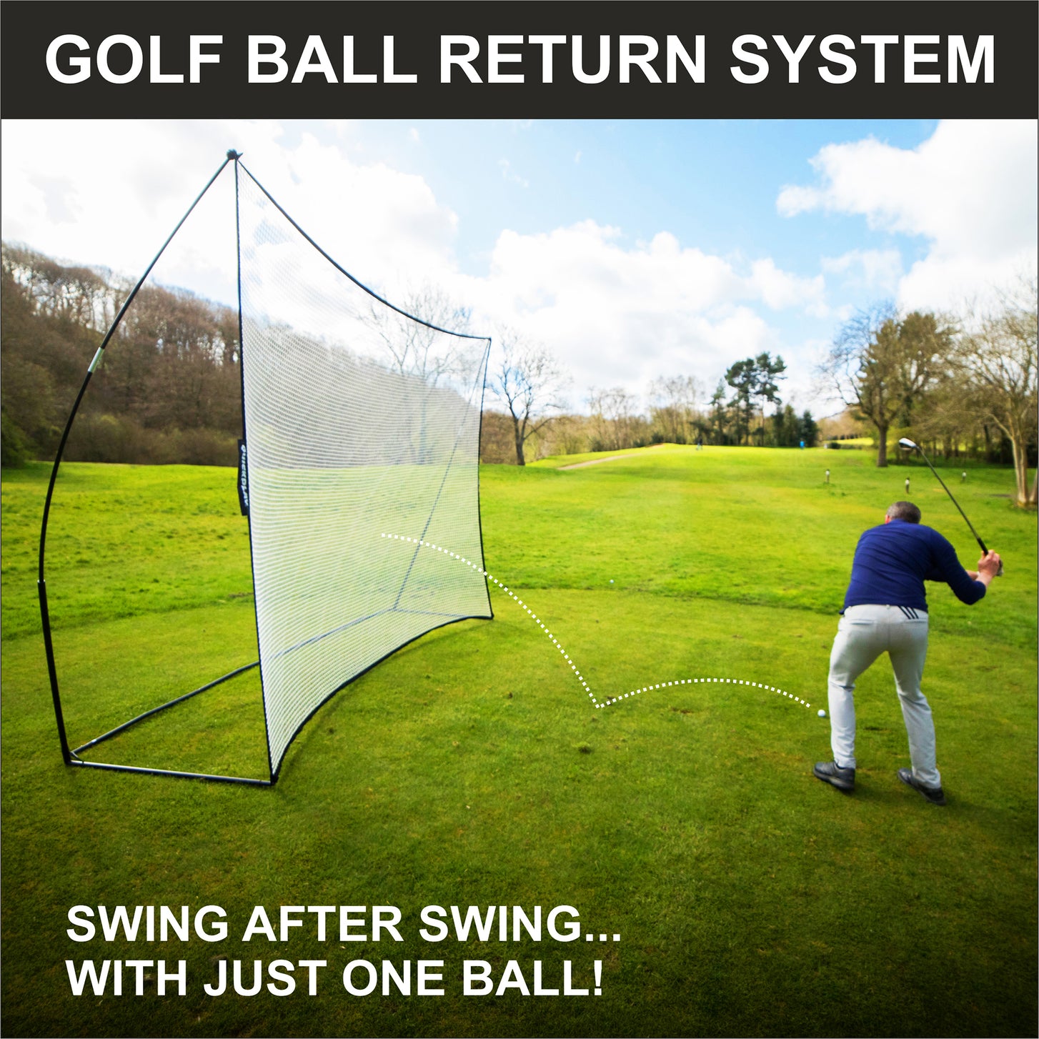 MEGA NET golf net 12x9': golfer hitting toward the net on a course, with "Golf ball return system" and "Swing after swing... with just one ball!".