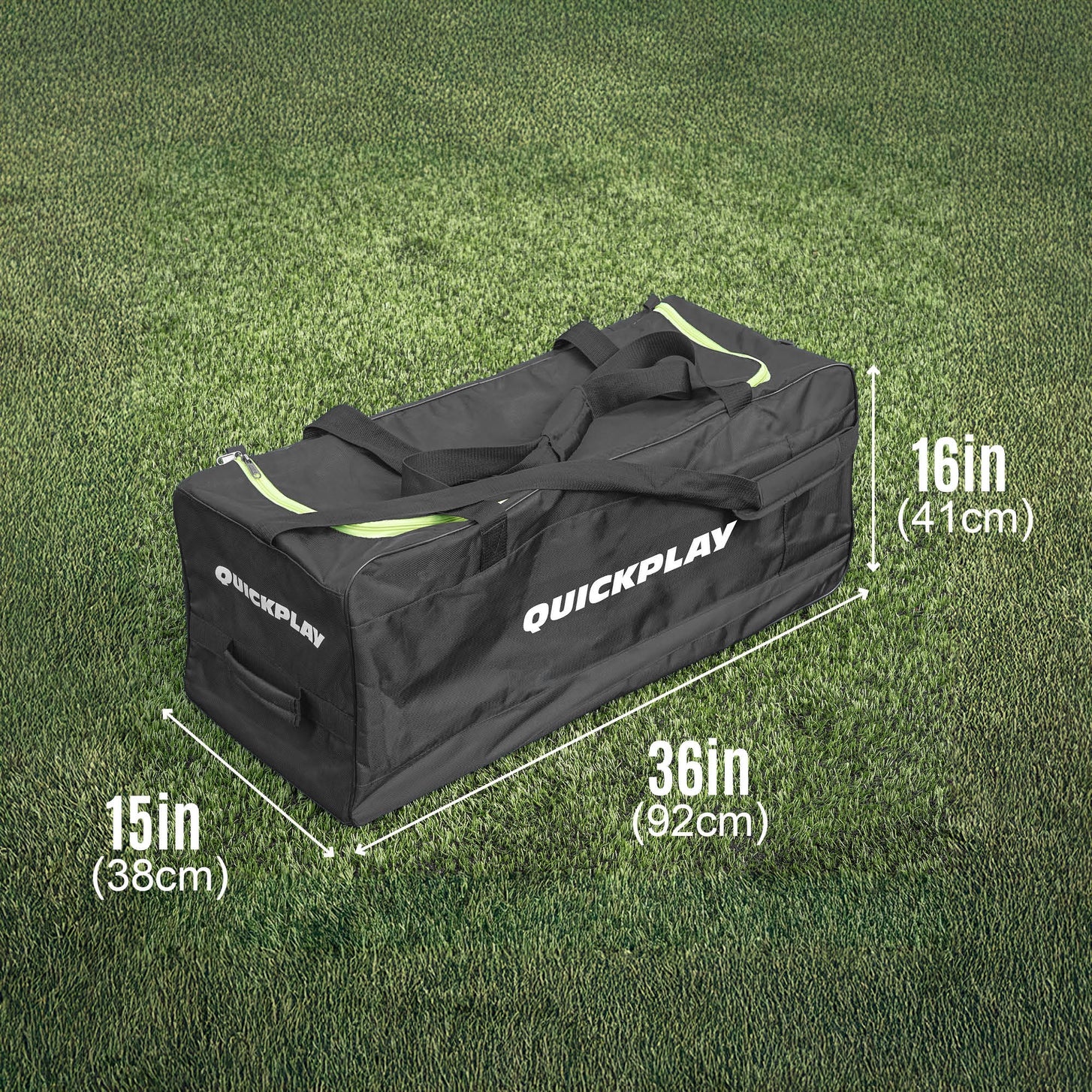 Equipment Bag with Wheels (XL) on grass, marked 36in long, 15in wide and 16in high.