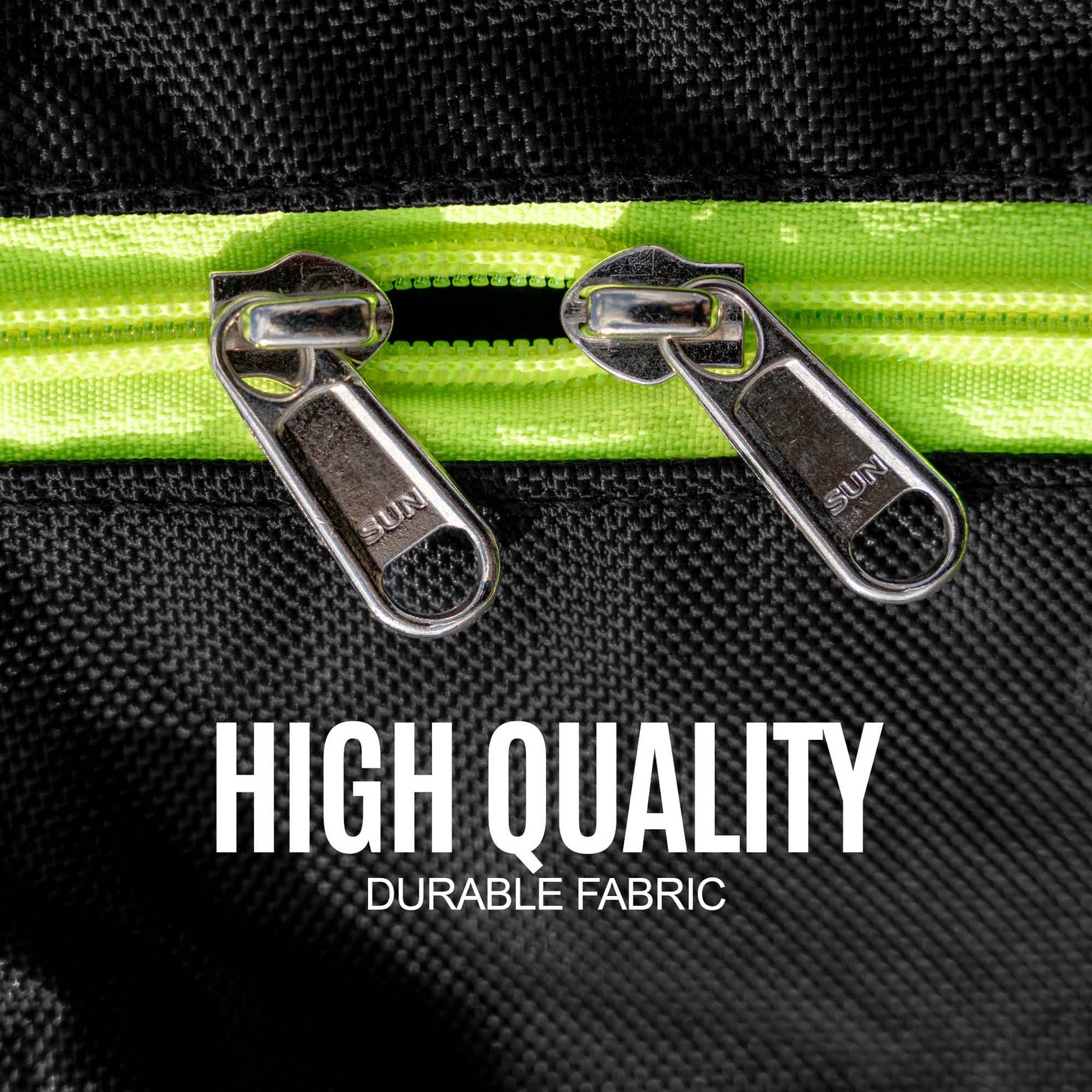 Equipment Bag with Wheels (XL): close-up of two silver zipper pulls on a lime green zipper, with the text "High quality durable fabric".