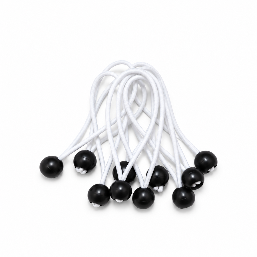 A bundle of white 6in bungee ball ties with black plastic balls on a white background.