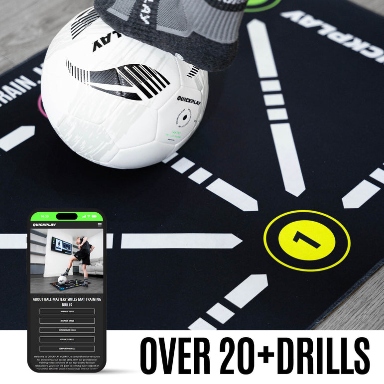 Soccer ball and smartphone with training app on a ball mastery skills mat with QUICKPLAY branding.