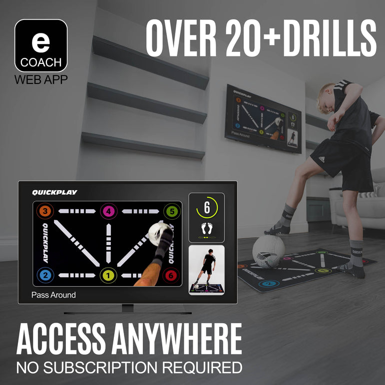 eCoach web app for sports training with a child practicing soccer drills on a ball mastery mat.