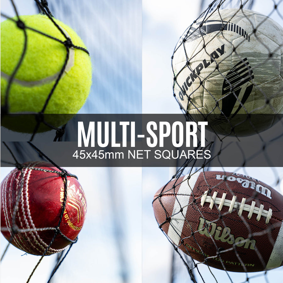 Collage of sports balls including tennis, soccer, cricket, and American football with 'Multi-Sport' text and '45x45mm Net Squares' description.