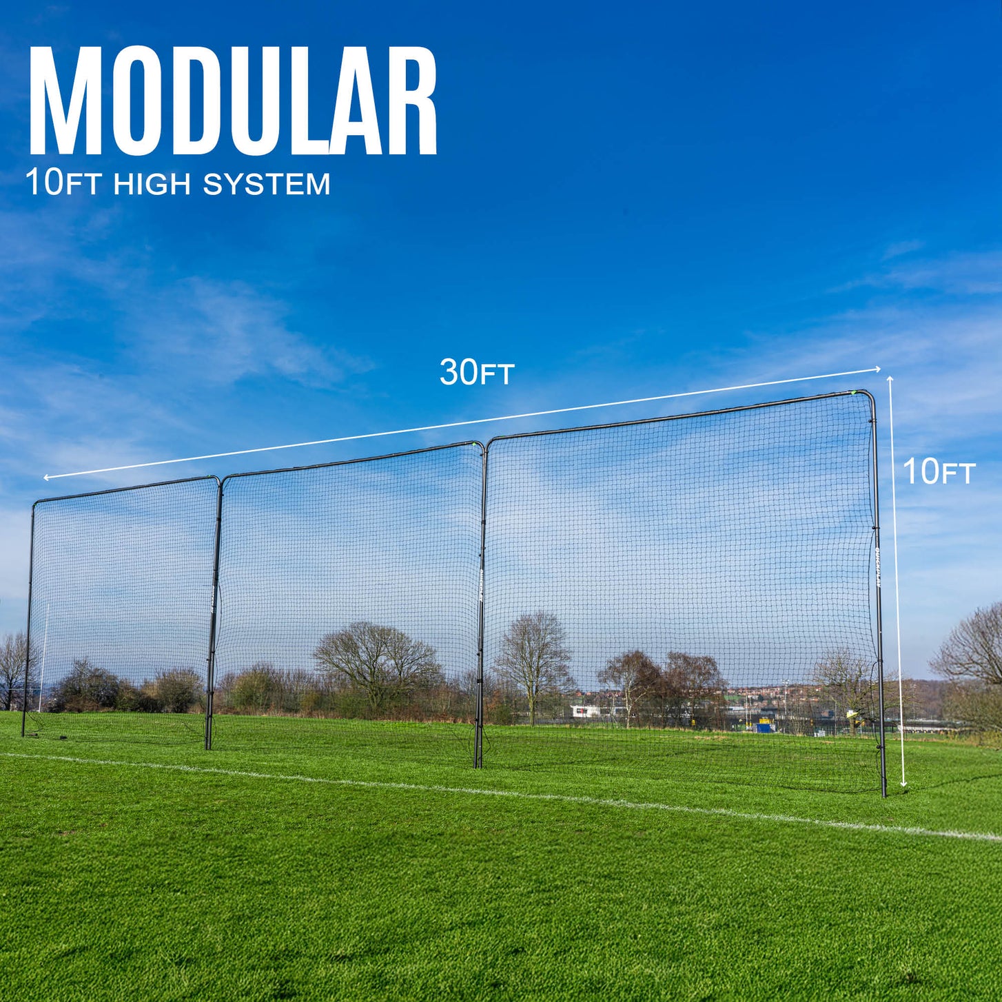 10ft Barrier Net System In-Ground: a 30ft wide three panel run under blue sky on a grass field, marked 10ft high, with the text "Modular".