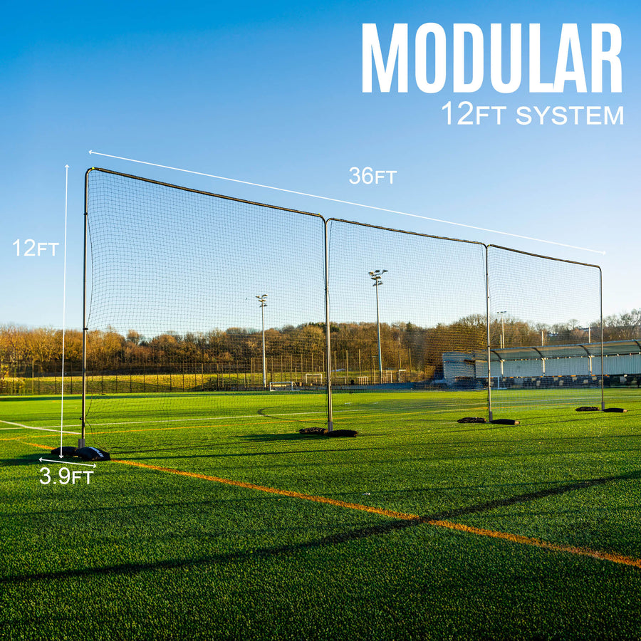 Modular 36ft x 12ft barrier net system on a sports field with clear blue sky