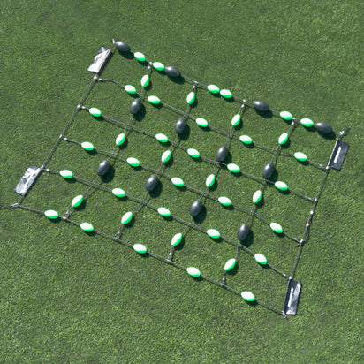 Grid formation with green and black goalkeeper deflection grid on a sports field