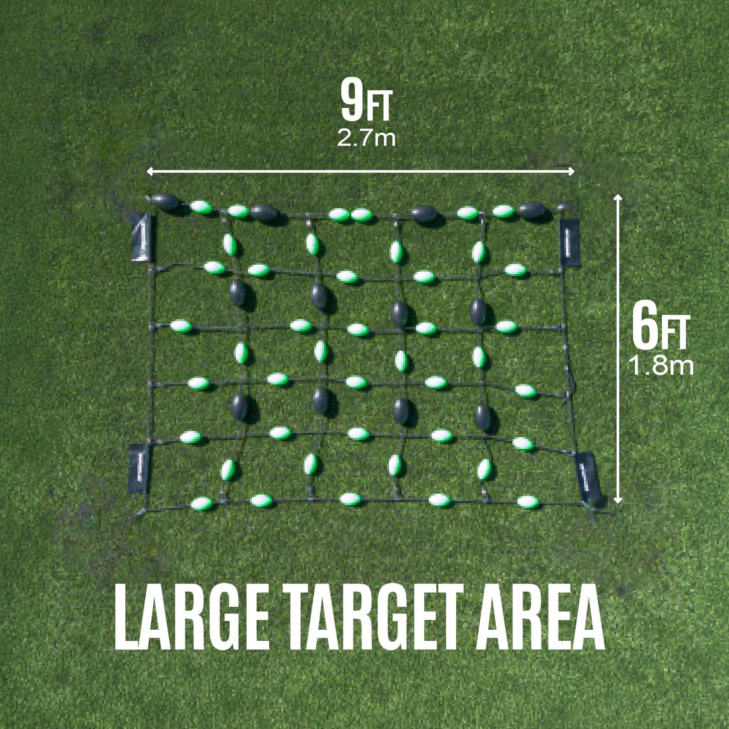 Goalkeeper Ball Deflection Floor Grid from above on grass, marked 9ft wide and 6ft deep, with the text "Large target area".