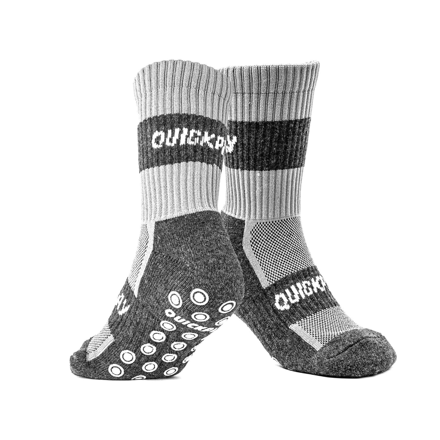 Gray QUICKPLAY grip socks with black bands and white text on a white background