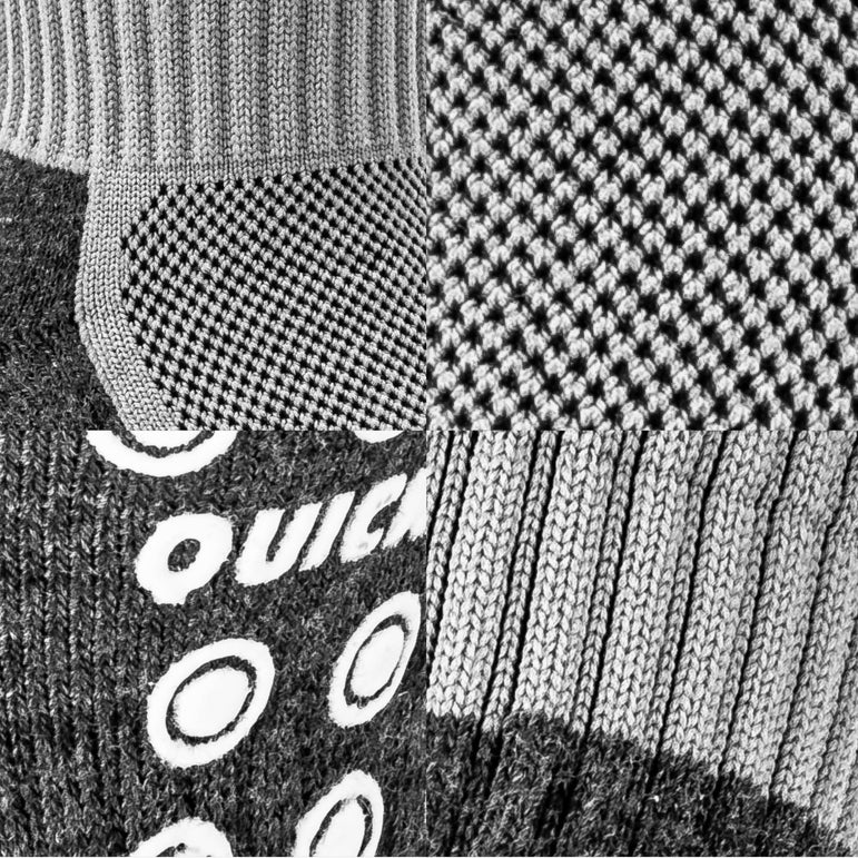 Close-up of a grip socks with QUICKPLAY branding.