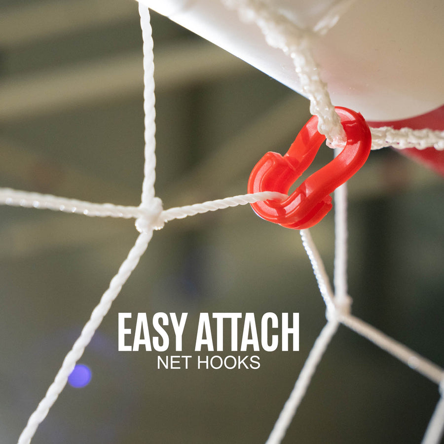 Red net hook attached to a white sports net with 'Easy Attach Net Hooks' text.