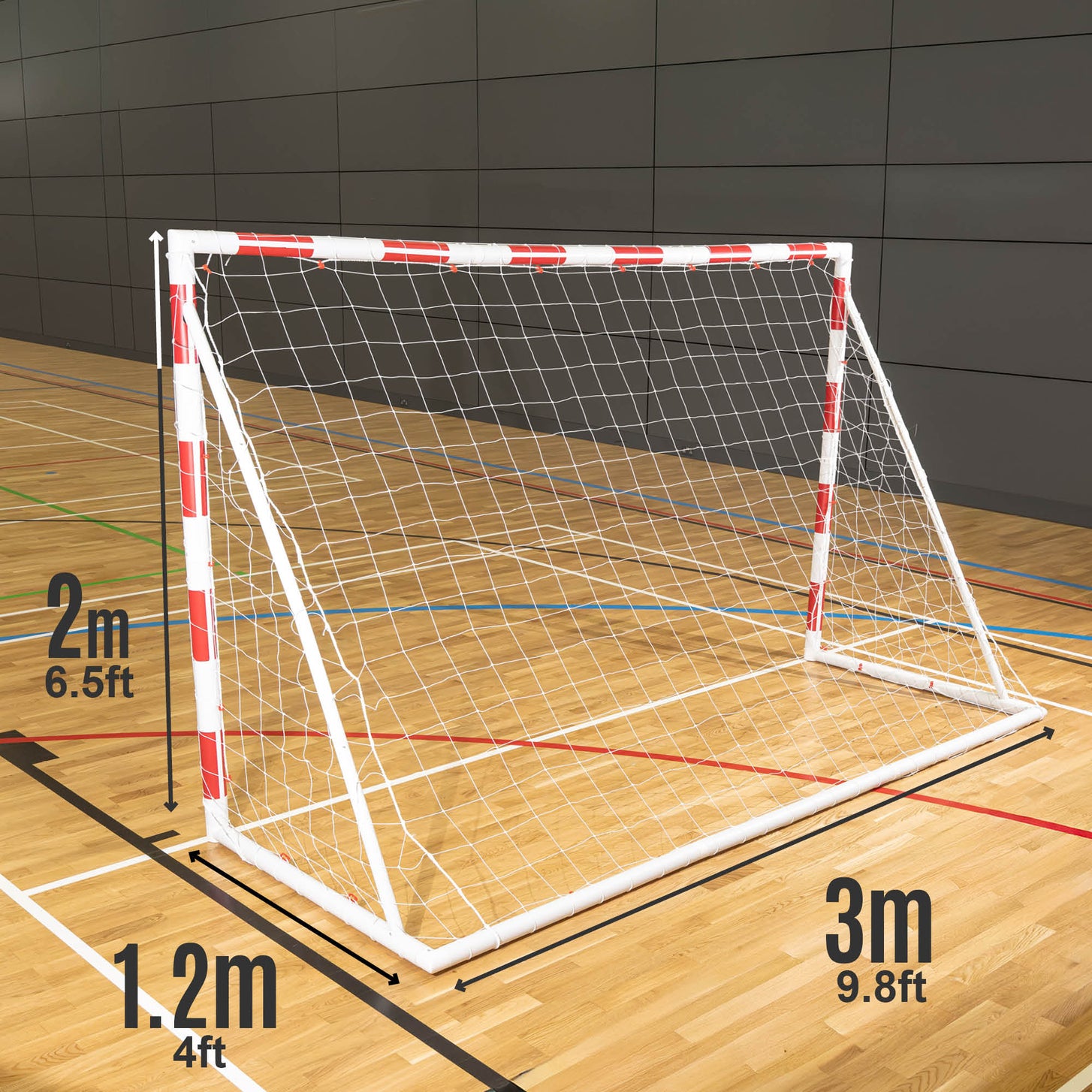 Read of a QUICKPLAY Handball goal with dimensions on a wooden pitch