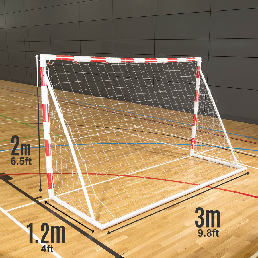 Read of a QUICKPLAY Handball goal with dimensions on a wooden pitch