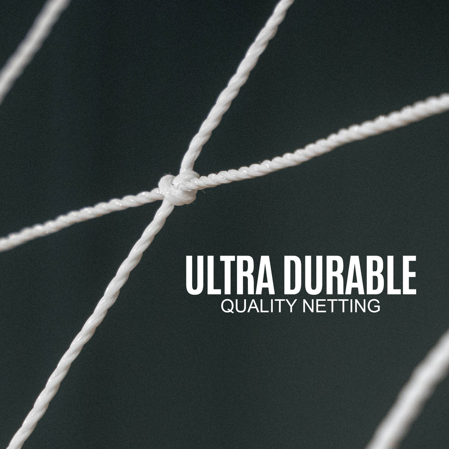 Close-up of white netting with 'Ultra Durable Quality Netting' text on a black background