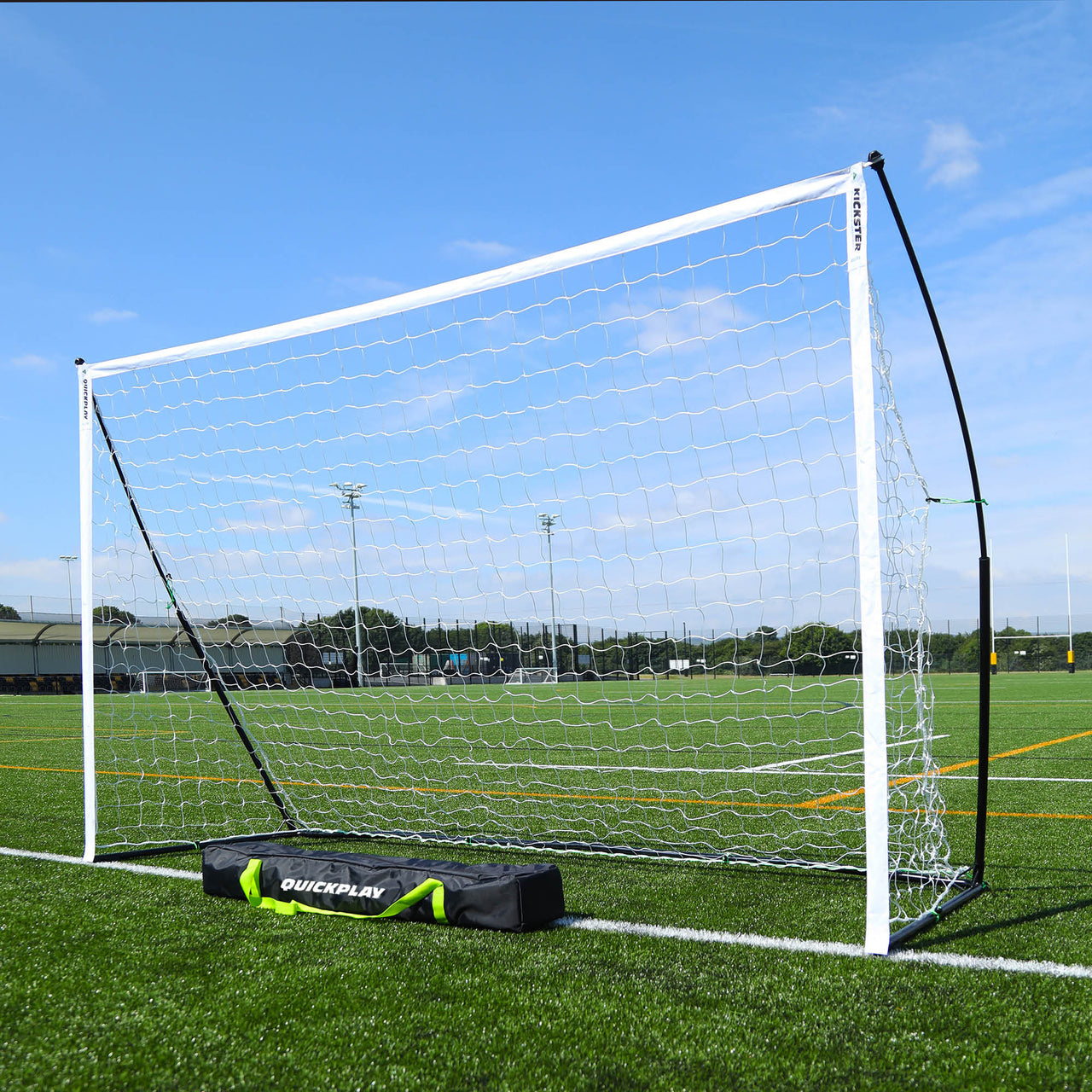 KICKSTER Elite Portable Futsal Goal 9.8x6.5' QUICKPLAY in an elite training facility on a sunny day