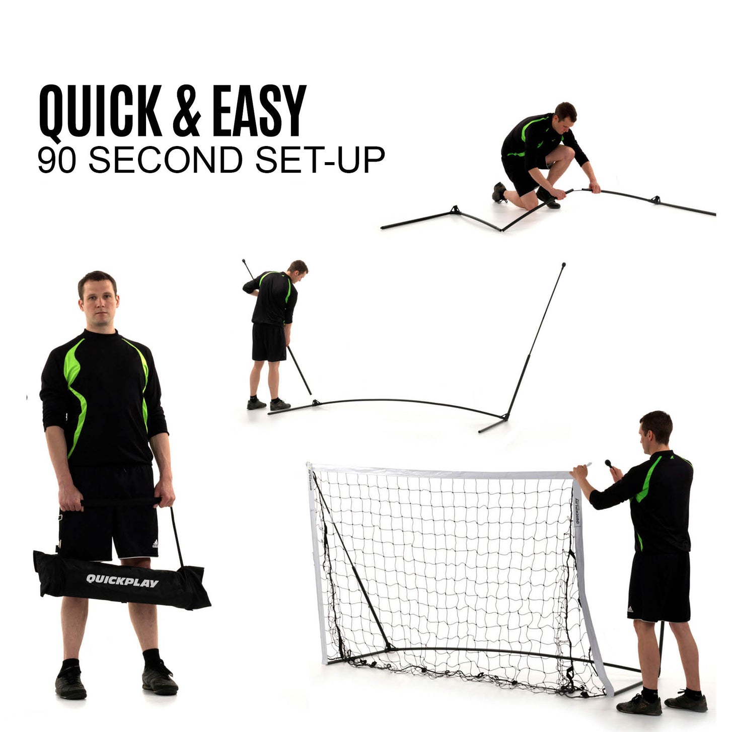KICKSTER Elite 6x4' goal set up by a man in steps, from carrying the QUICKPLAY bag to fitting the net, with the text "Quick & easy".