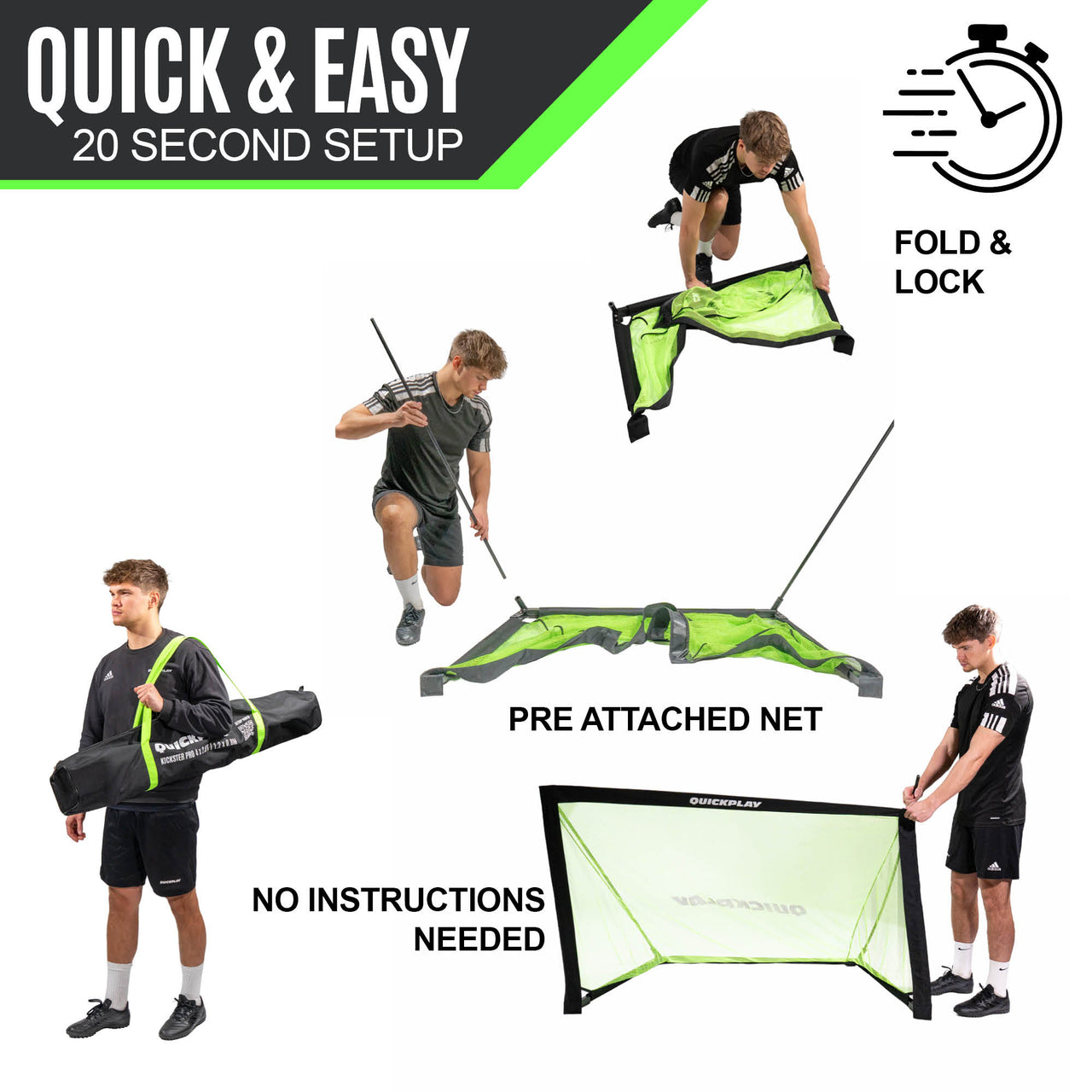 Product demonstration of a quick and easy setup for a QUICKPLAY KICKSTER PRO goal, showing folding, locking, and usage.