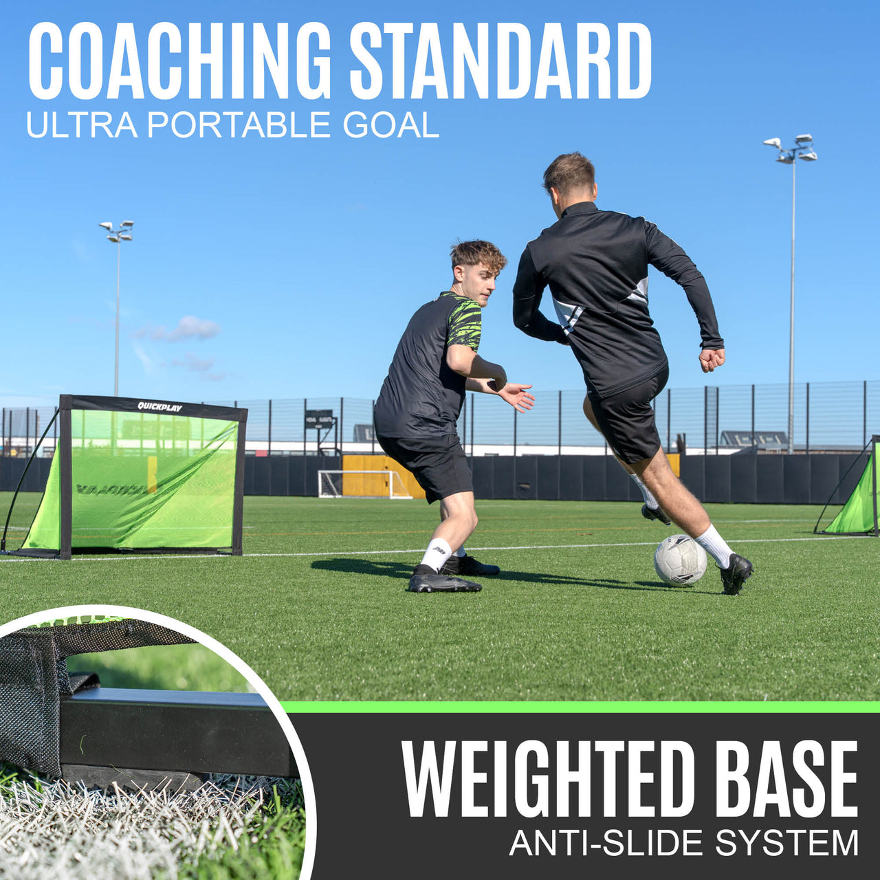 Two people playing soccer on a field with a coaching standard ultra portable KICKSTER PRO goal in the background.