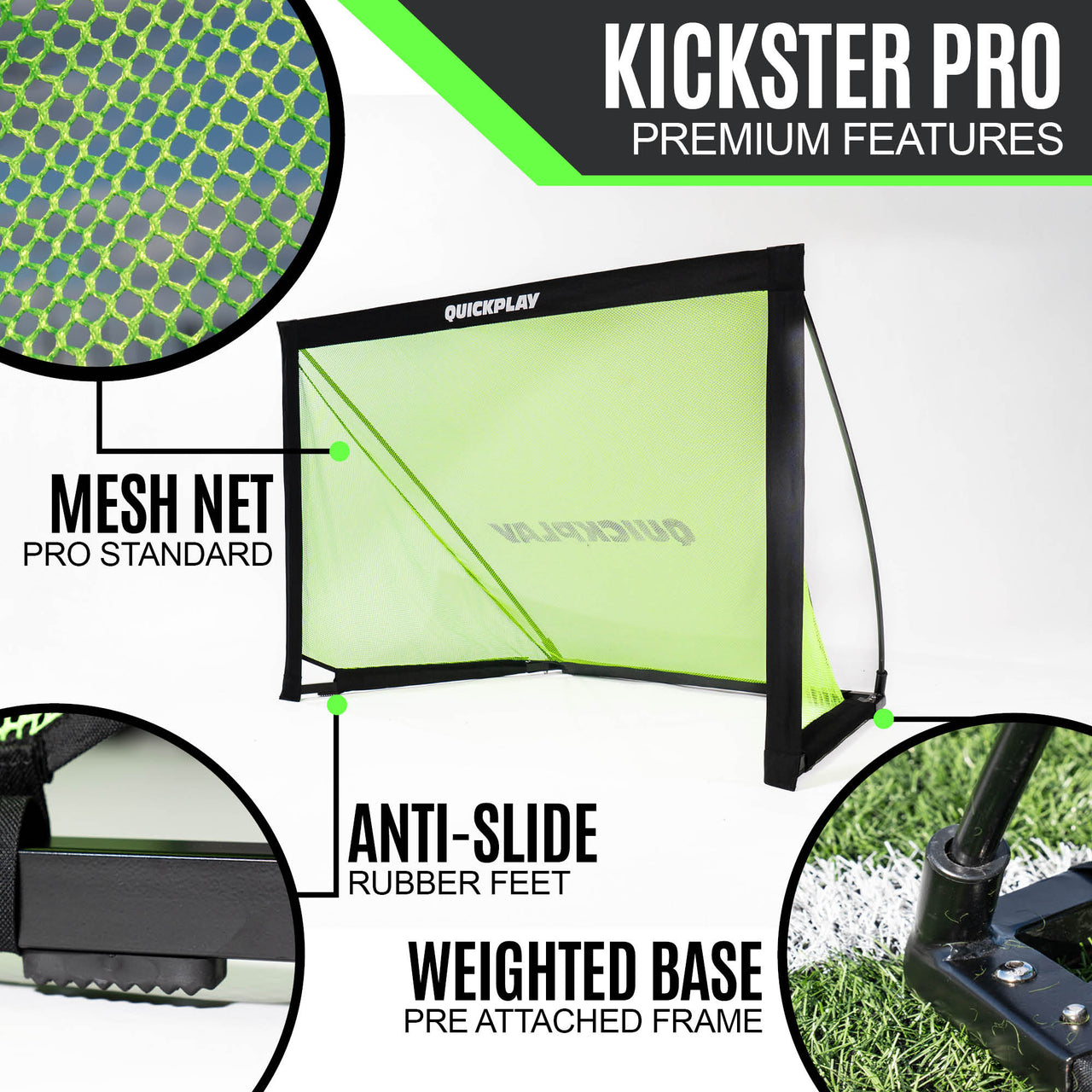 QUICKPLAY KICKSTER Pro sports training goal with mesh net, anti-slide rubber feet, and weighted base on a white background.