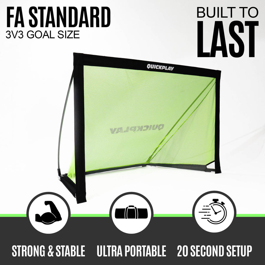 QUICKPLAY KICKSTER PRO goal with text highlighting features on a white background