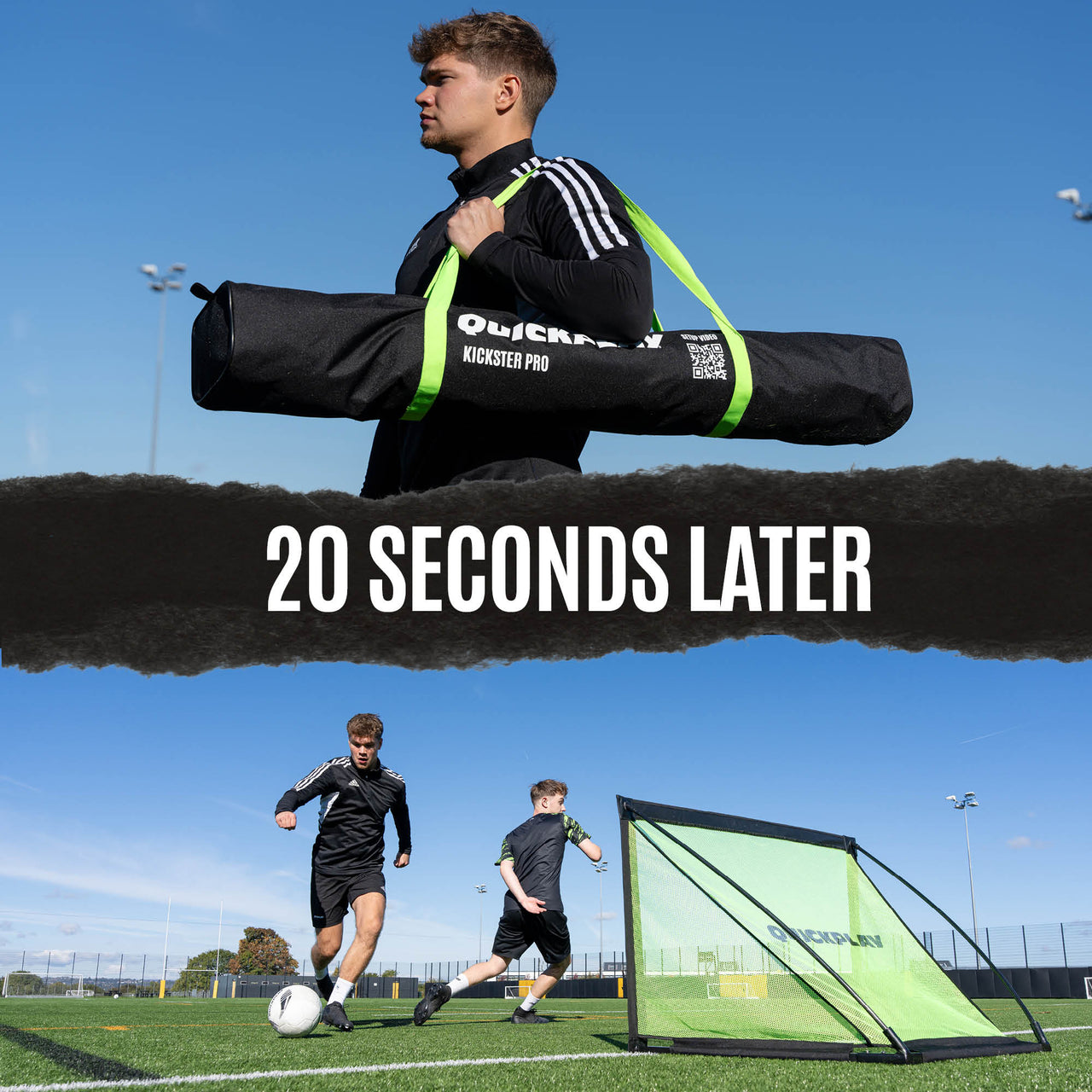Person carrying a Kickster Pro soccer goal in a bag on a soccer field with '20 Seconds Later' text.