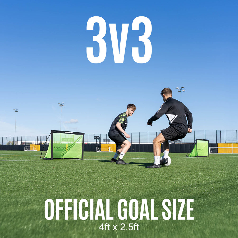 Two people playing soccer on a field with '3v3' and 'Official Goal Size 4ft x 2.5ft' text & KICKSTER PRO goals in use.