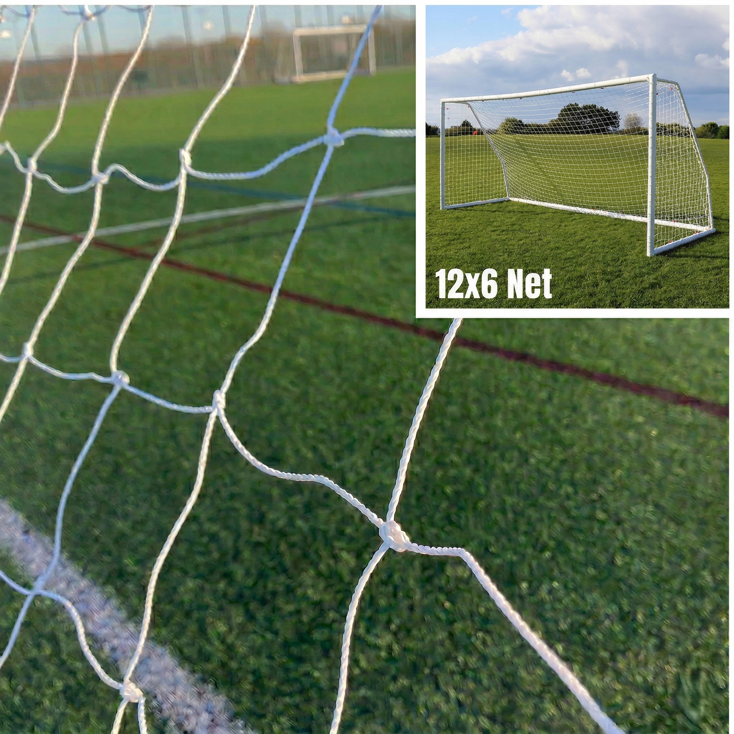 Close up of white knotted Q-FOLD Match net on an artificial field, with an inset of the full 12x6' goal labeled "12x6 Net".
