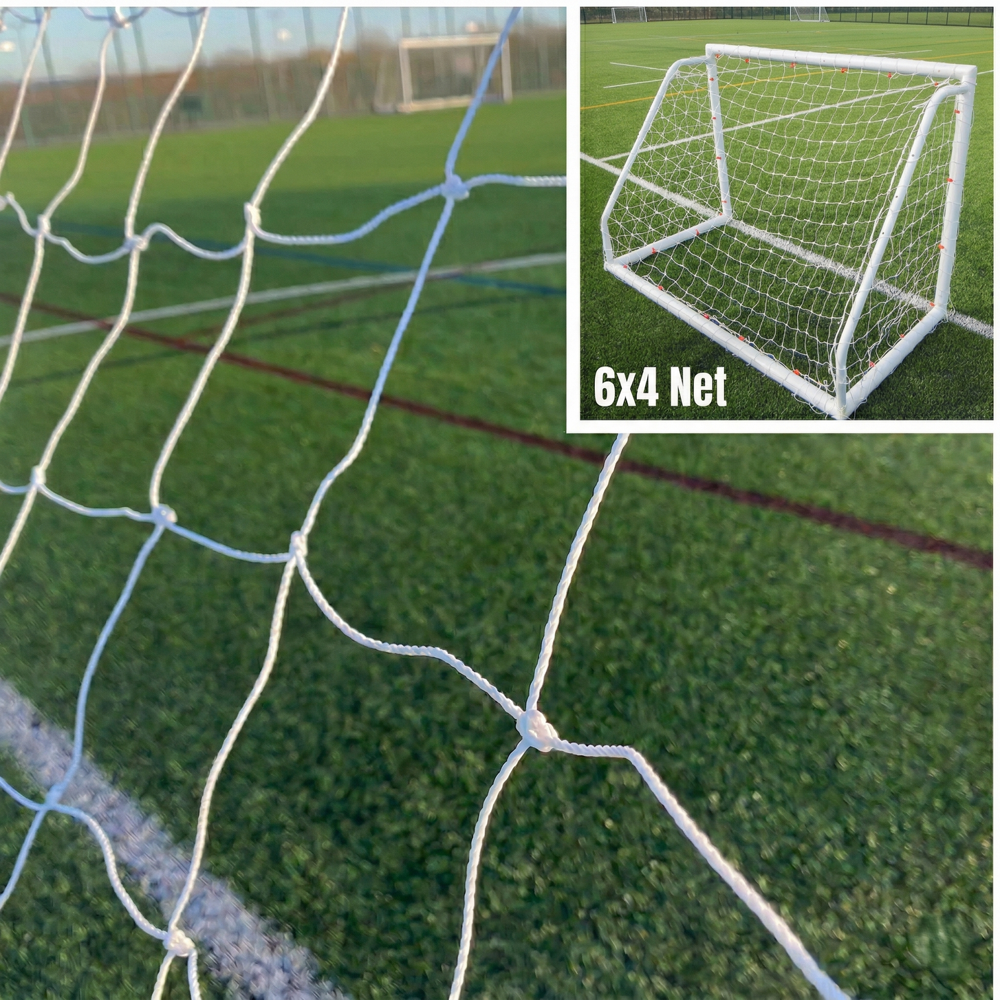 Close up of white knotted Q-FOLD Match net on an artificial field, with an inset of the full 6x4' goal labeled "6x4 Net".