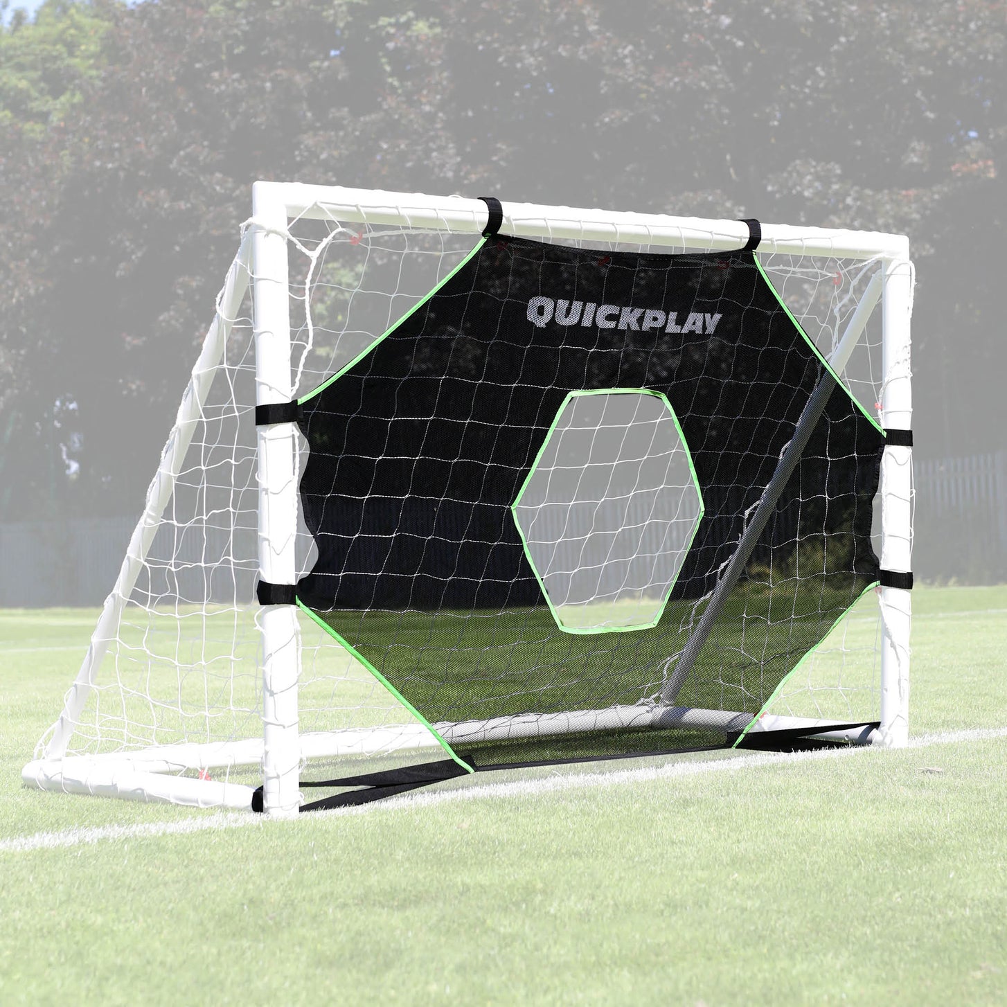 TARGET Net Lite 6x4' in black with a hexagon target hole, fitted inside a small white goal on grass, goal not included