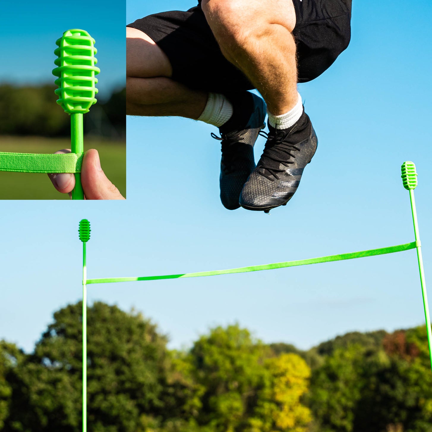 PRO Speed & Agility Set: player jumping over a green strap between two poles, with an inset of the strap held at a pole top.