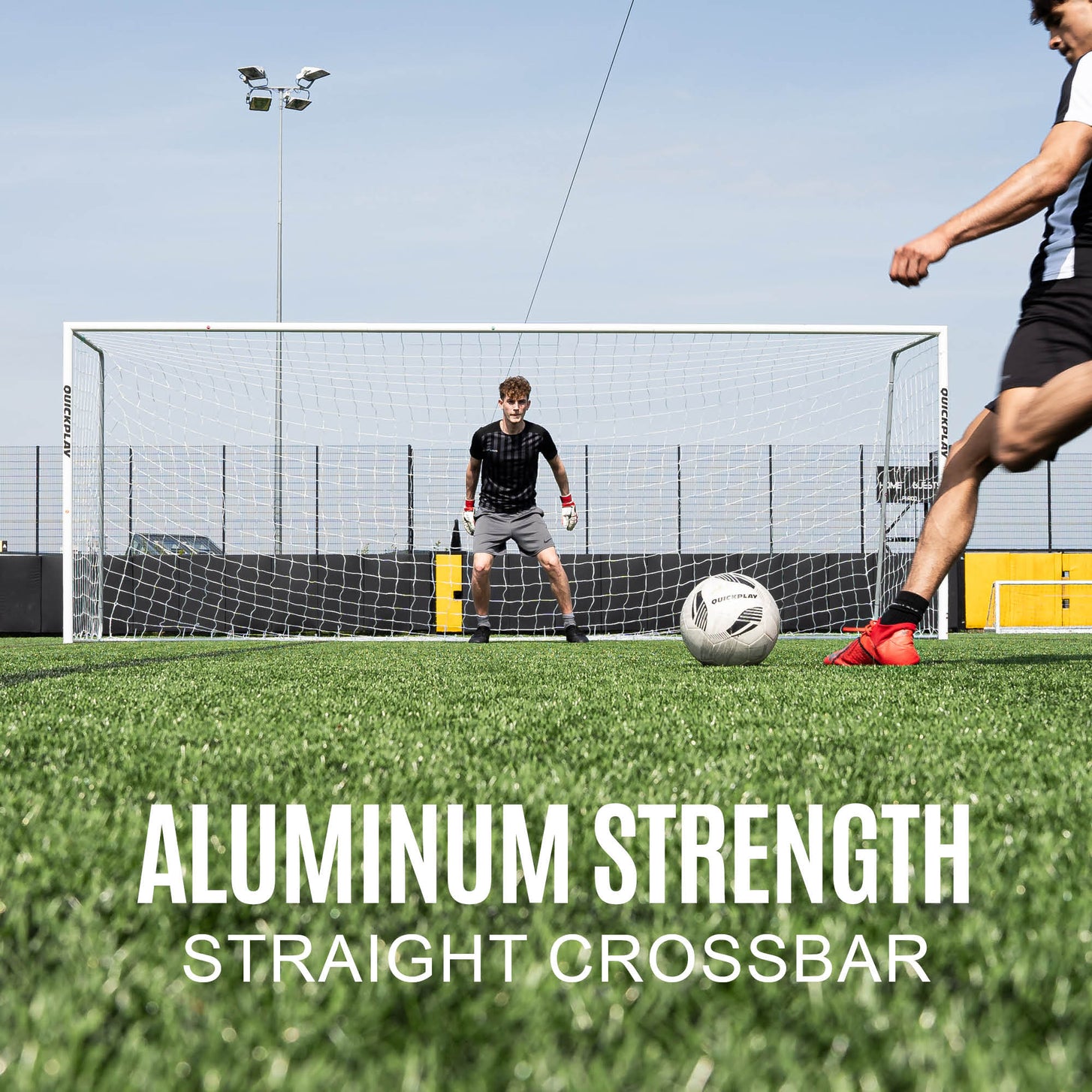 PRO ALU Match60 8x5' goal listing: a goalkeeper waits in a larger goal as a player shoots, with the text "Aluminum strength, straight crossbar".