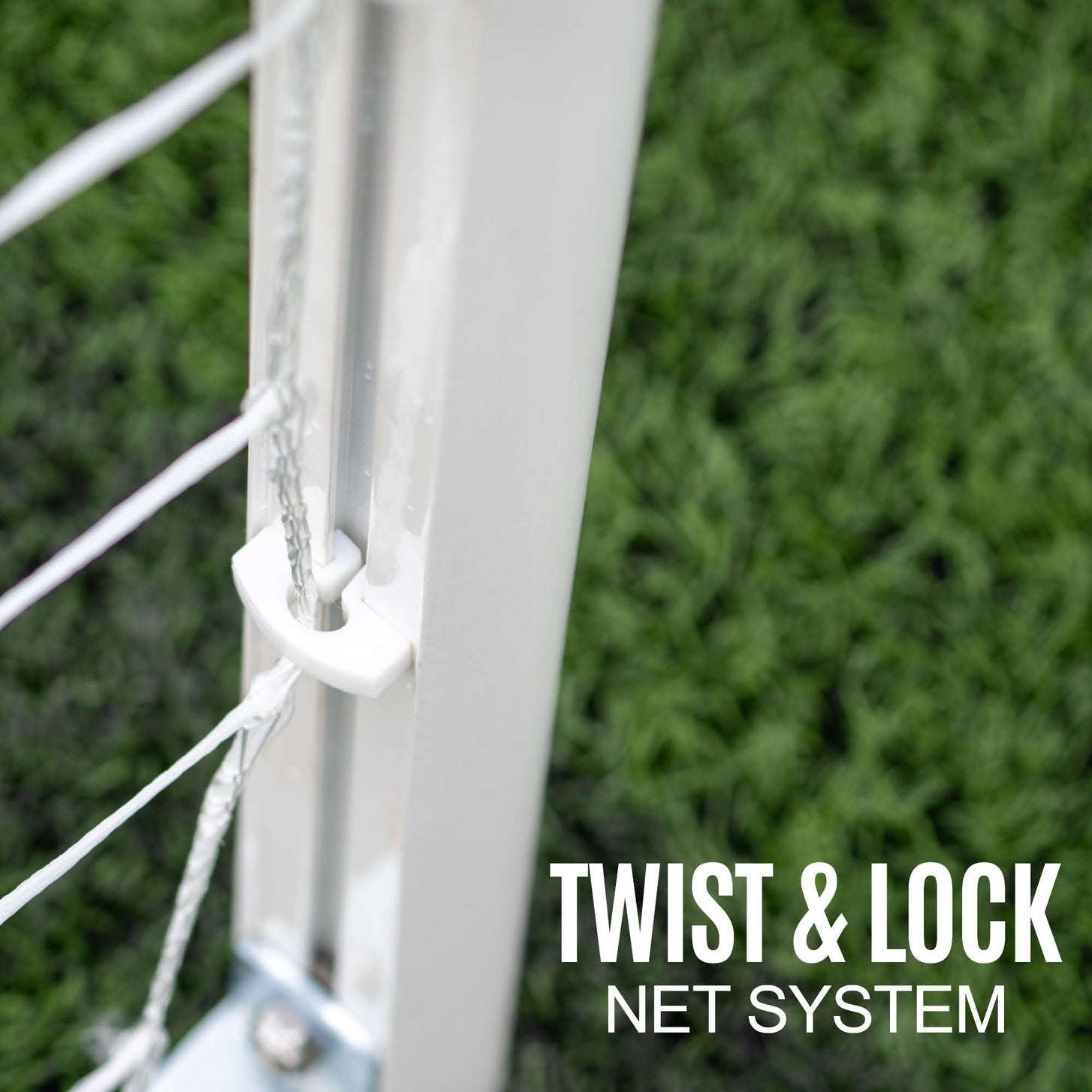 PRO ALU Match60 8x5' goal: close-up of a white clip holding the net in the post channel, with the text "Twist & lock net system".