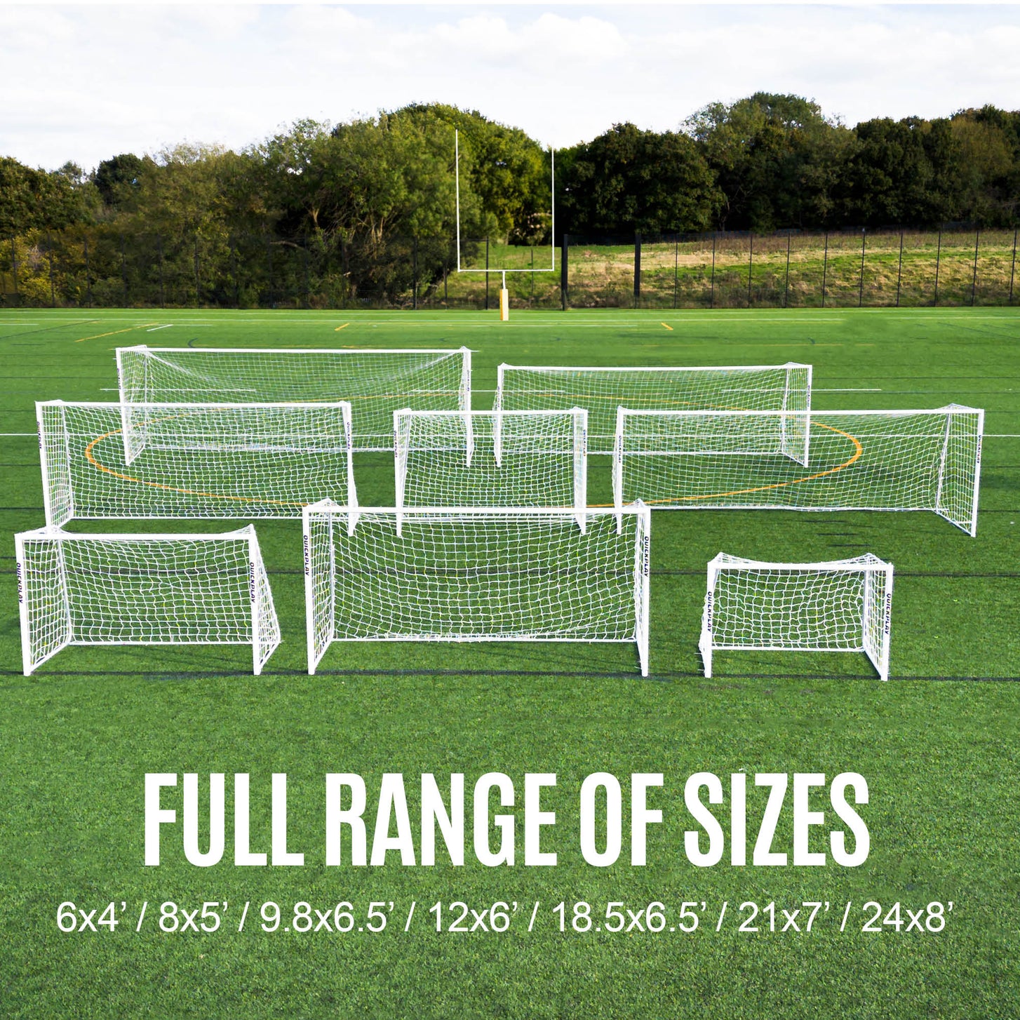 PRO ALU Match60 8x5' goal shown with other goal sizes on an artificial field, with the text "Full range of sizes" from 6x4' to 24x8'.