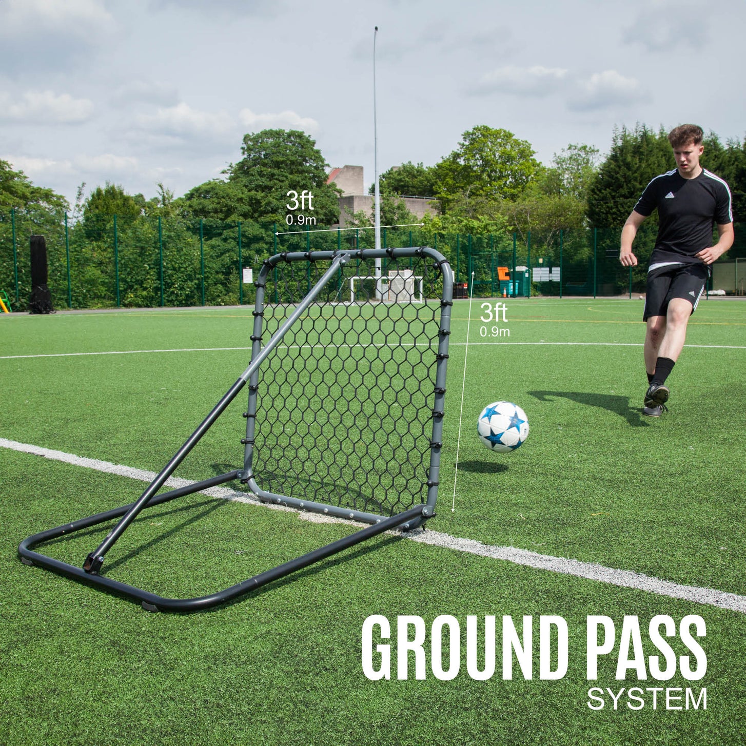 PRO Rebounder 3x3' marked 3ft by 3ft as a player passes a ball along the ground to it, with the text "Ground pass system".