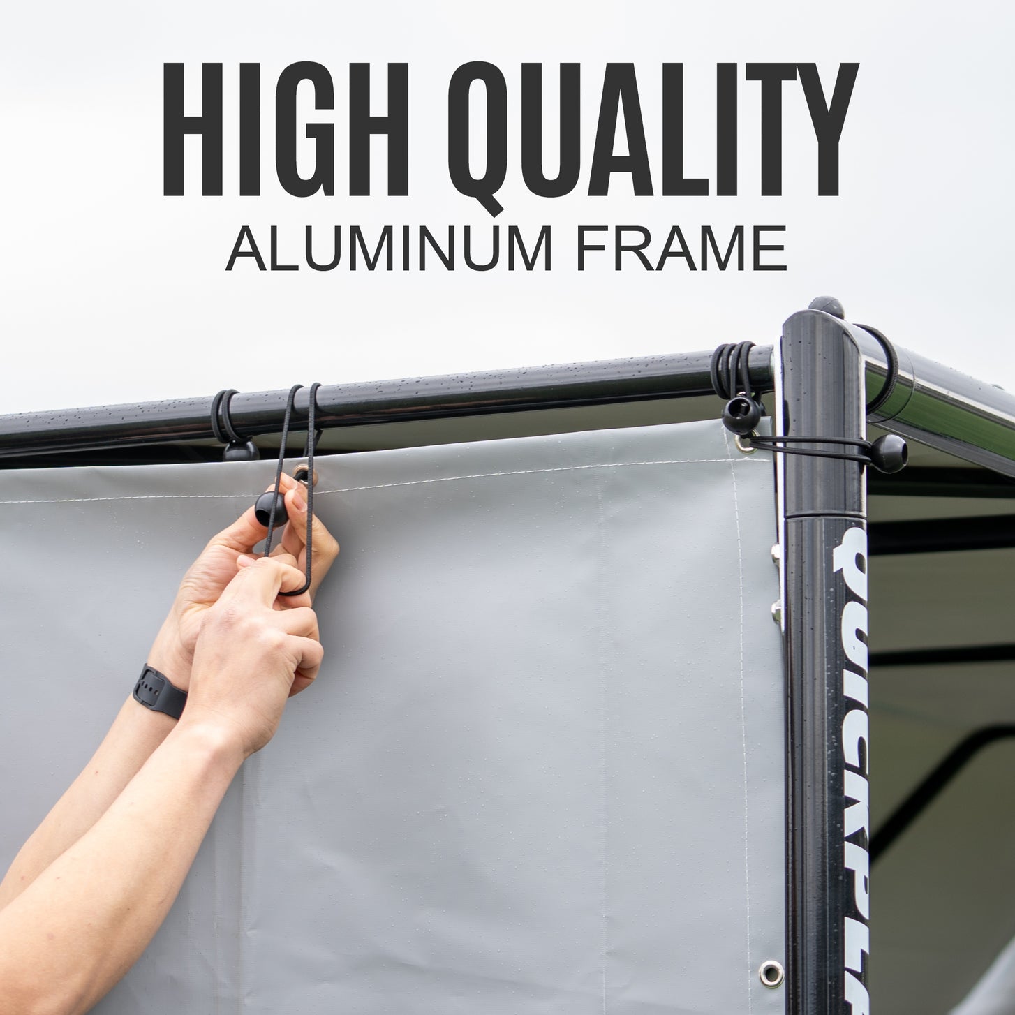 Hands hooking a bungee cord to fix the gray cover to the black PRO ALU Club Shelter 16x6' frame, with the text "High quality aluminum frame".