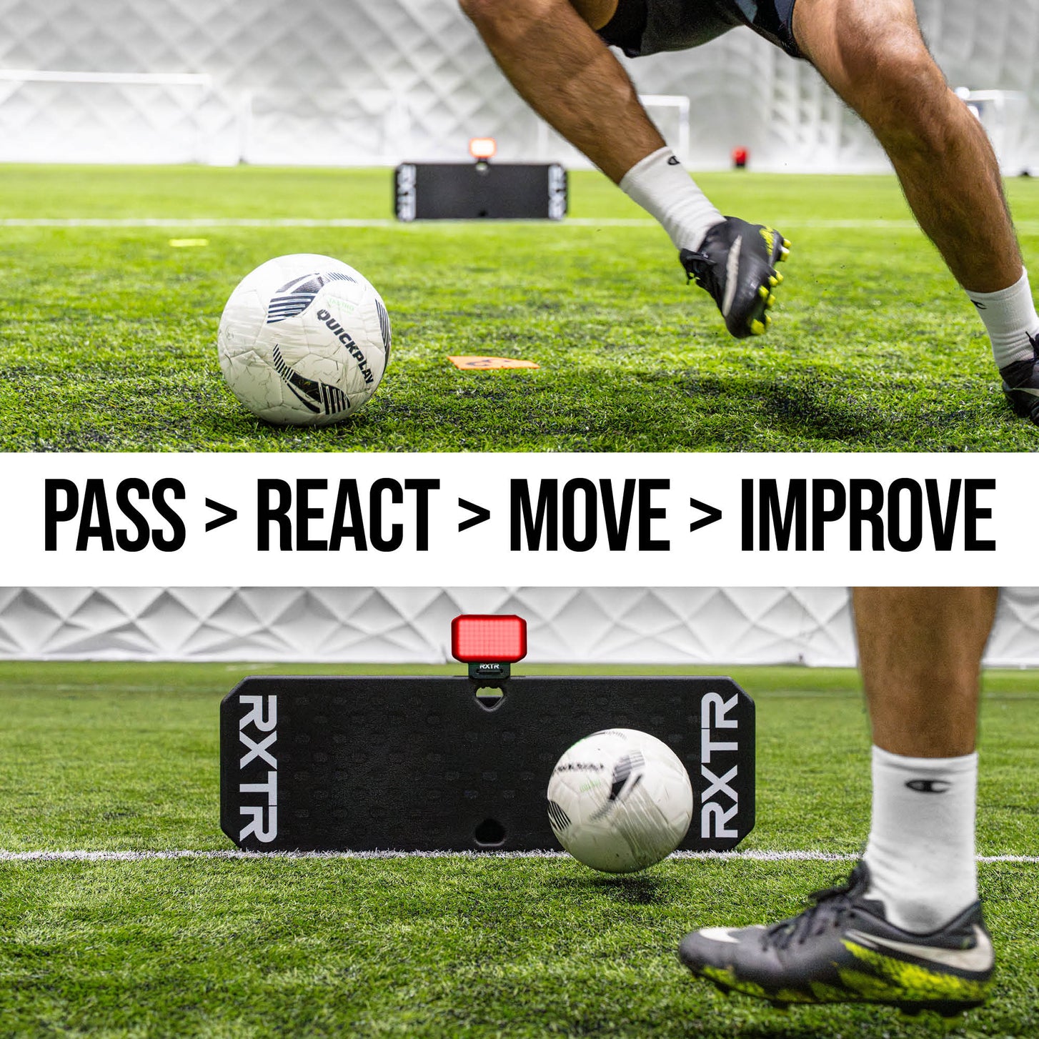 Person practicing soccer drills with an RXTR training device on a soccer field.