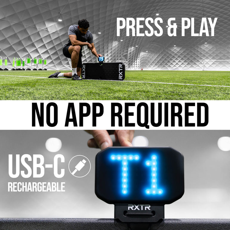 Person sitting on a soccer field with a device labeled 'RXTR' and text about press & play functionality, no app required,  & USB-C rechargeable.