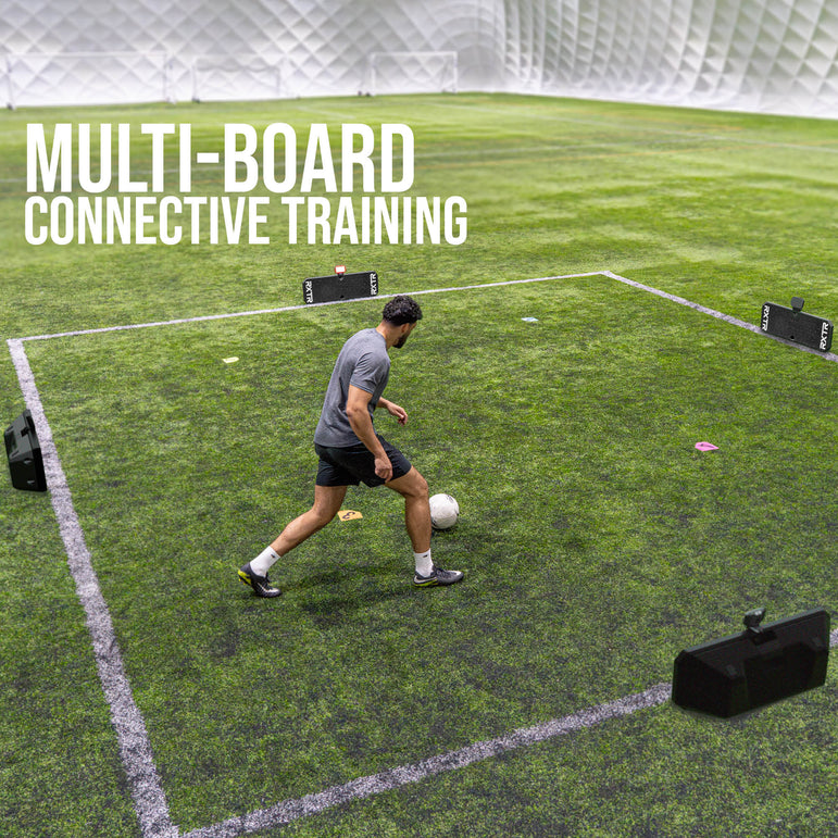 Person practicing soccer drills on a grass field with 'Multi-Board Connective Training' text for the RXTR devices that he is using