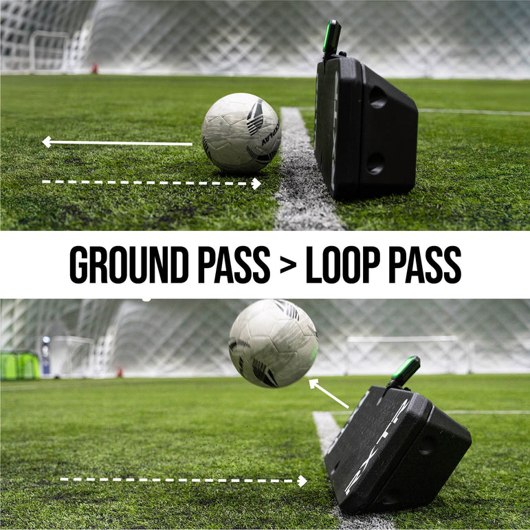 Soccer ball and RXTR on a soccer field with text indicating 'Ground Pass > Loop Pass'.