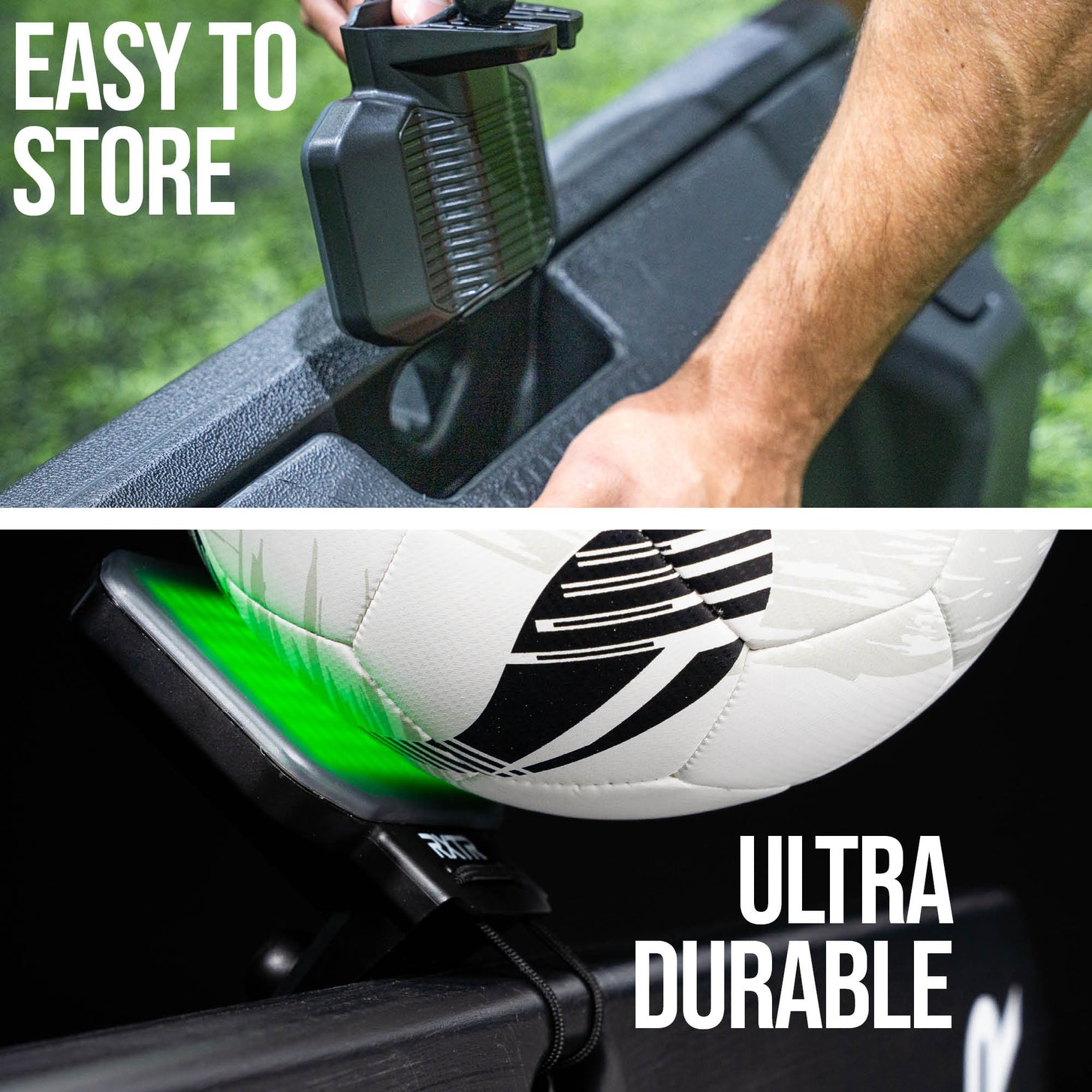 Soccer ball being kicked against an RXTR light unit showing how durable the device is and how easy it is to store