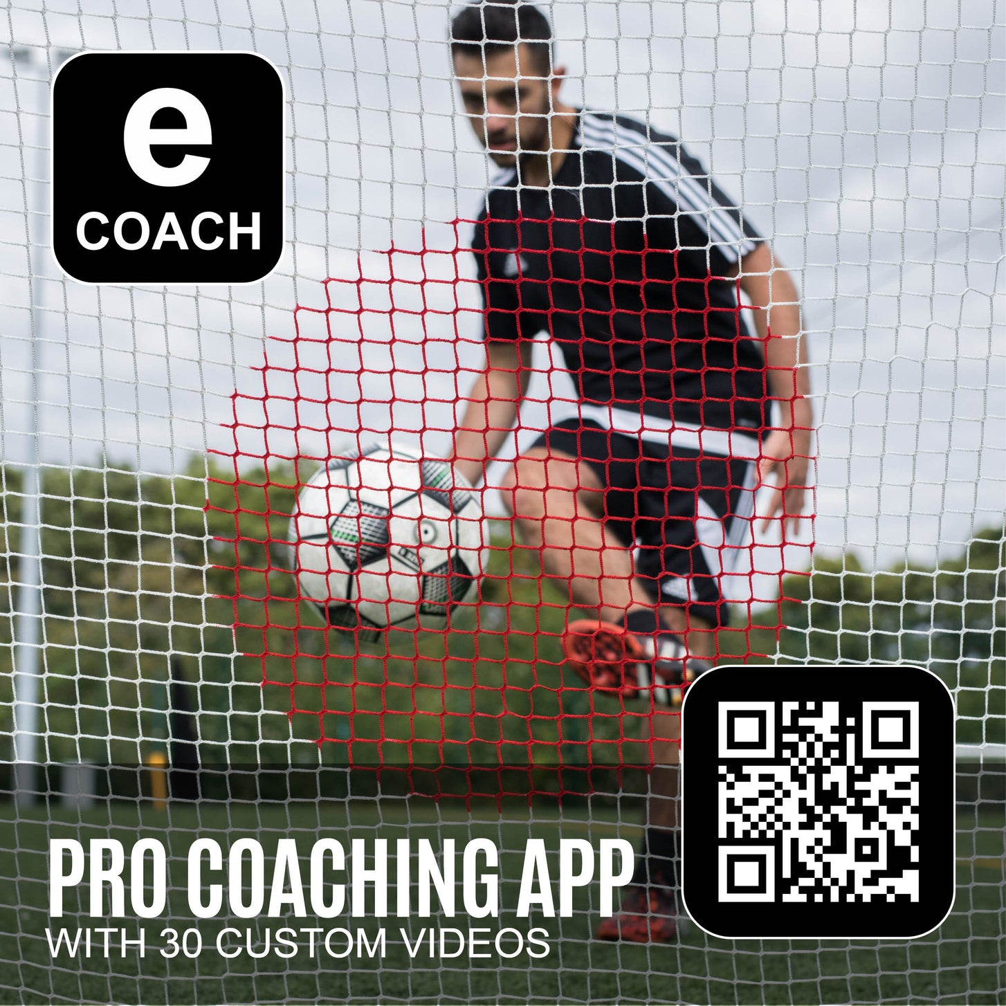 SPOT Soccer Rebounder 8x5' net in front of a player striking a ball, with eCOACH logo, QR code and text "Pro coaching app with 30 custom videos".