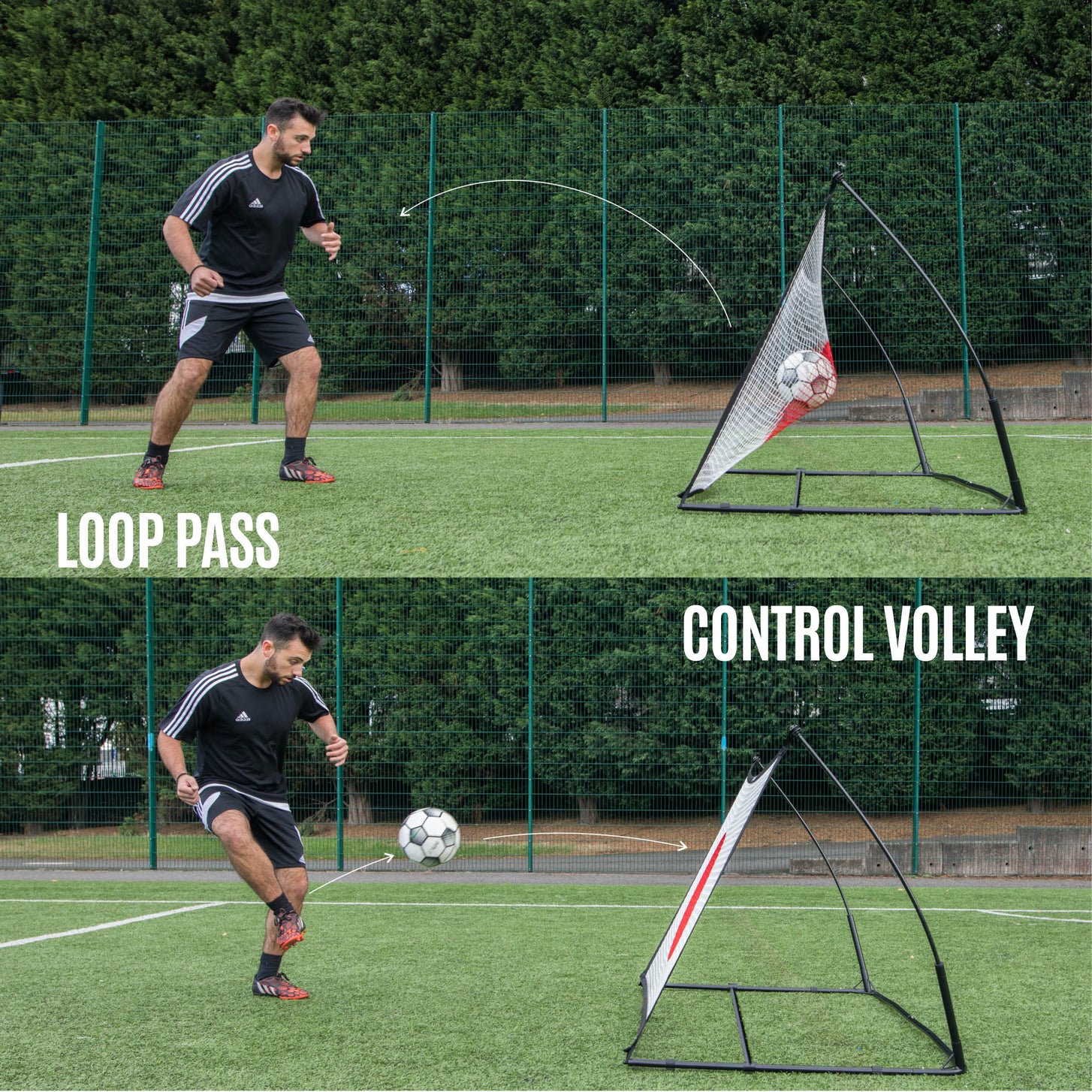 SPOT Soccer Rebounder 8x5': top panel a player lofting a "Loop pass" off the net, bottom panel a "Control volley", on artificial turf.