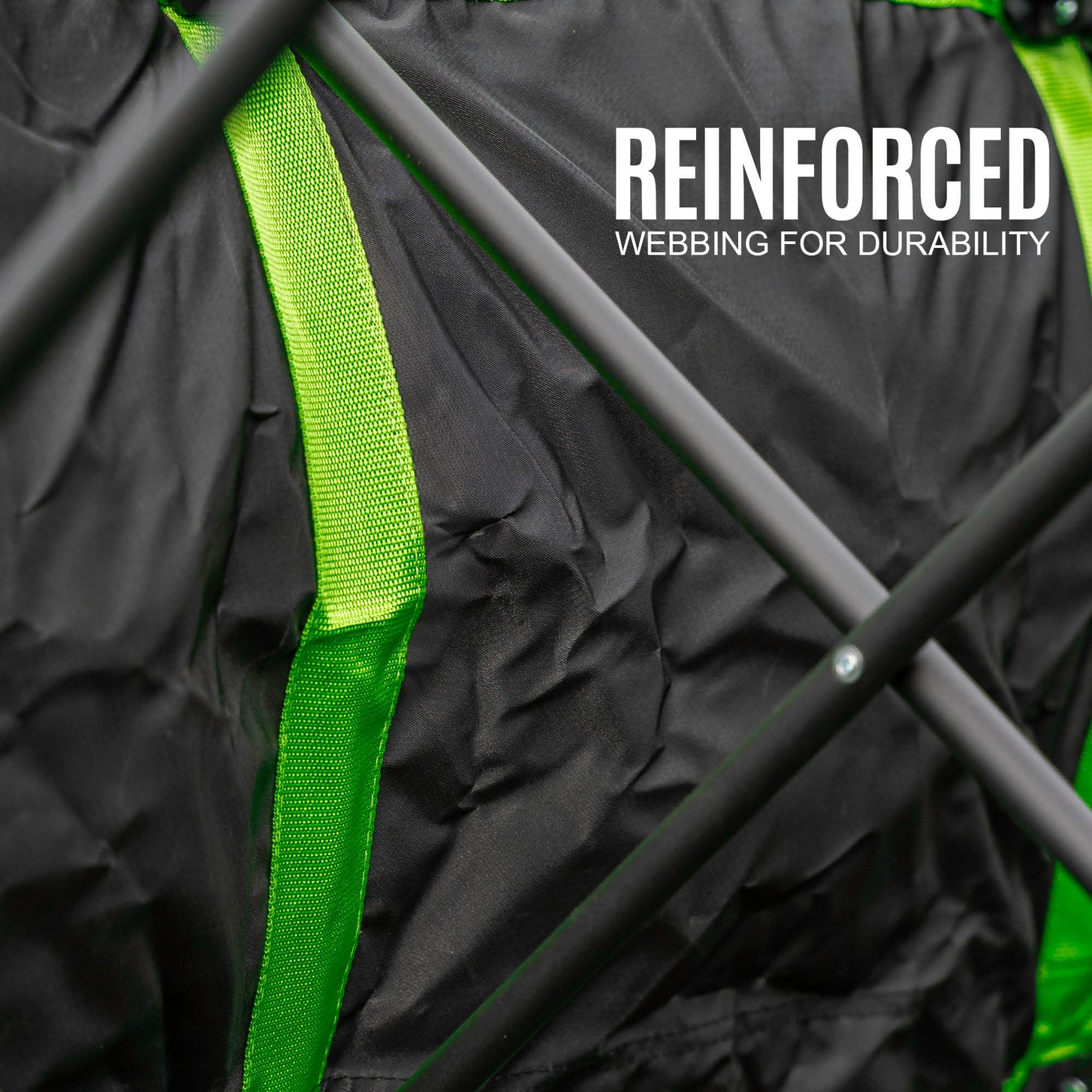 PRO Bench 4 Seat bench close-up of green webbing on the black fabric and frame, with the text "Reinforced webbing for durability".