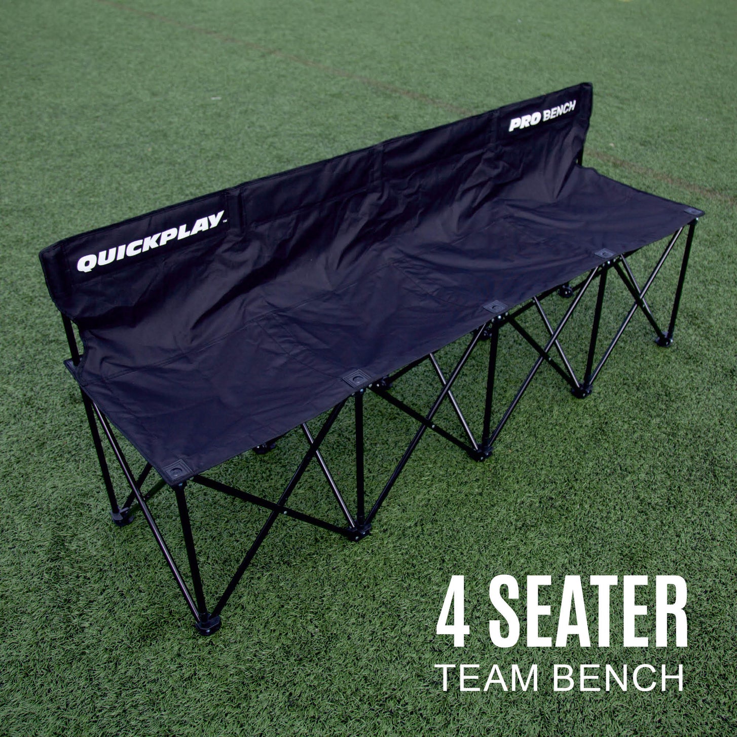 PRO Bench 4 Seat bench open on artificial turf, black seat and backrest on a black frame, with the text "4 seater team bench".