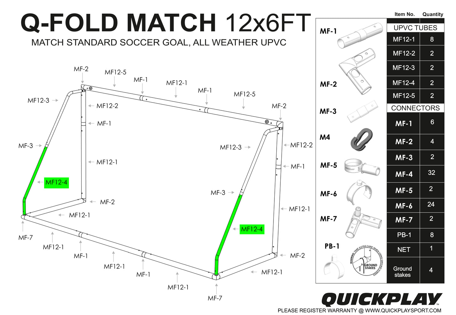 Q-FOLD Match 12x6' parts diagram with the two MF12-4 side tubes highlighted in green, beside a list of tubes and connectors.