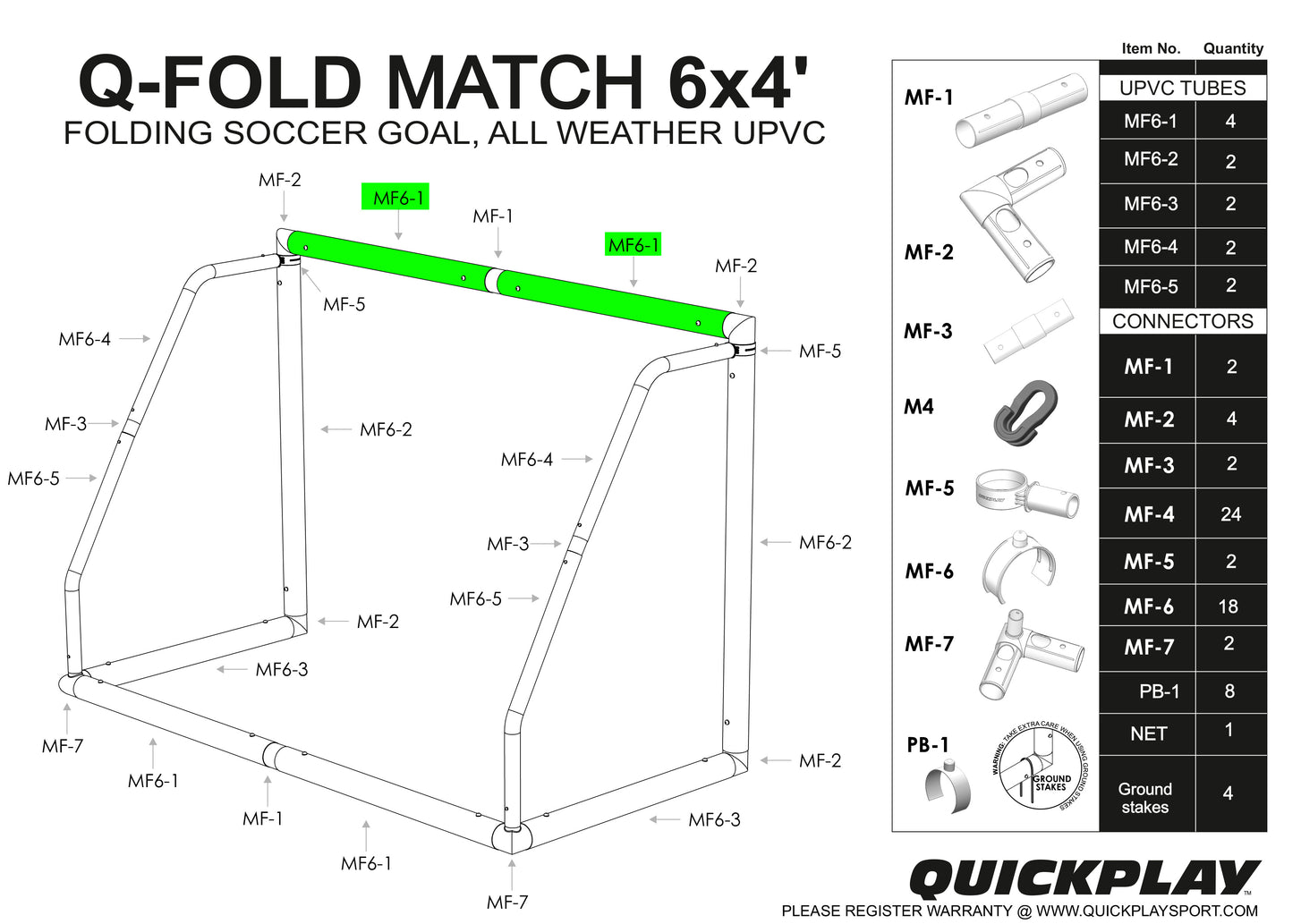 Q-FOLD MATCH 6x4' parts diagram with the two MF6-1 crossbar tubes highlighted in green and a list of tubes and connectors.